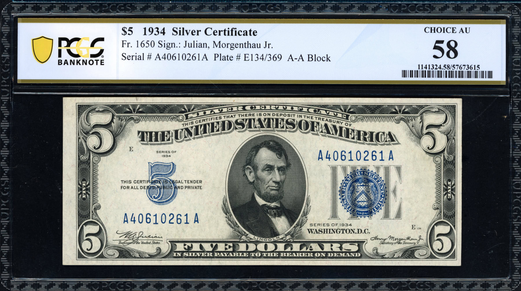Fr. 1650 (AA Block) 1934 $5 Silver Certificate Note Julian / Morgenthau ...