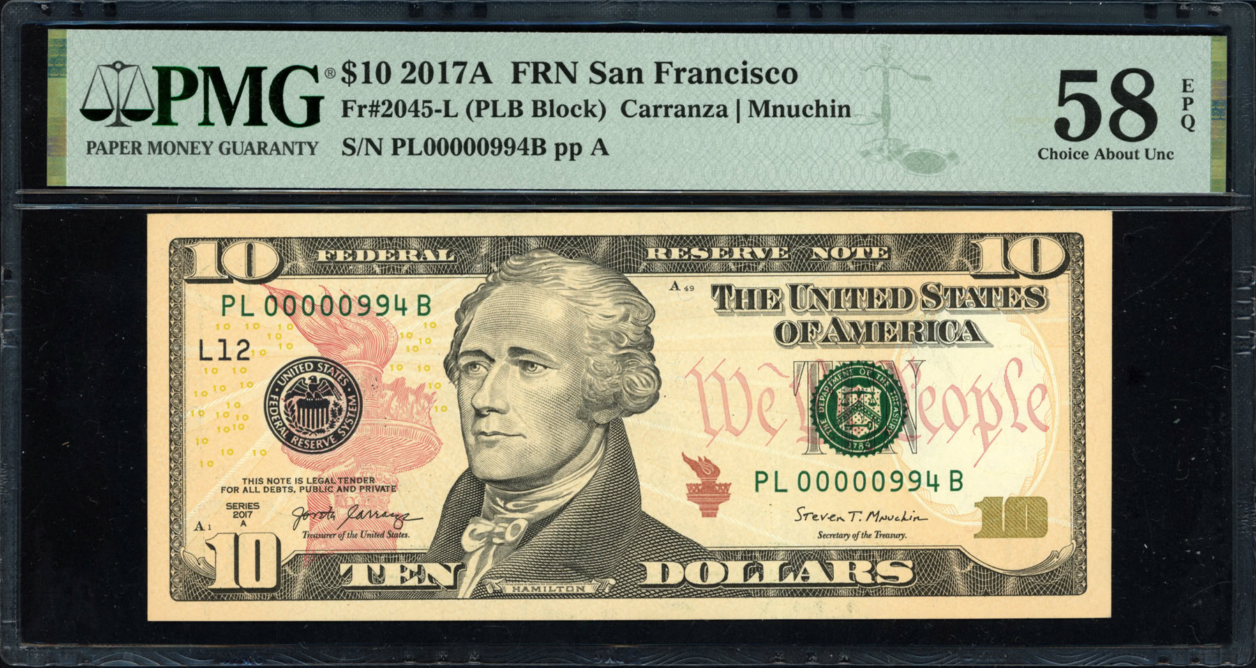 Fr. 2045-L (PLB Block) 2017A $10 San Francisco Federal Reserve Note ...