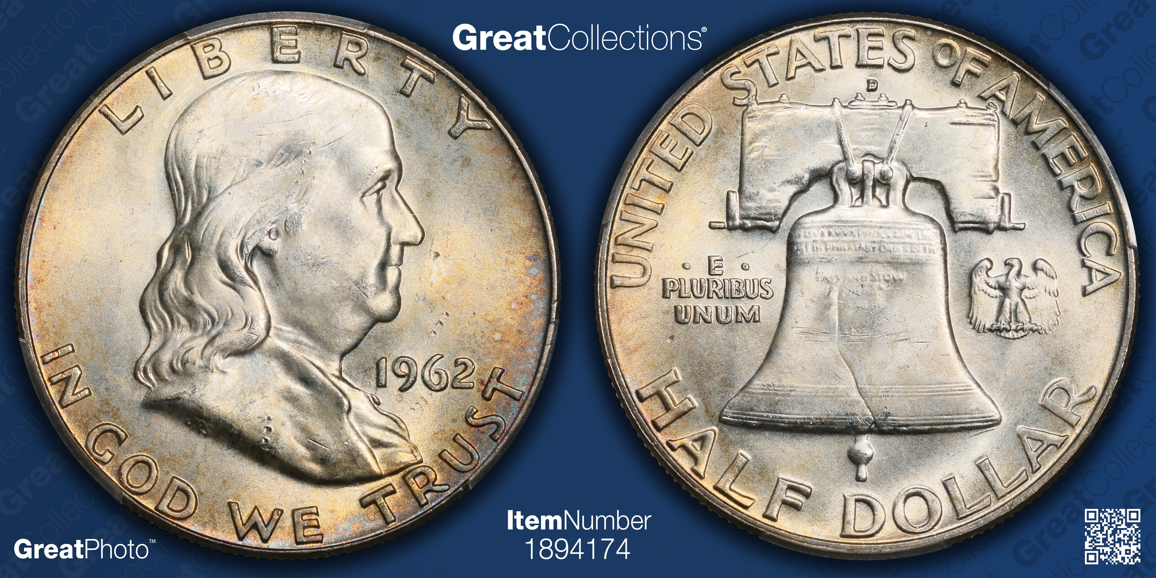 1962-D Franklin Half Dollar PCGS MS-64 FBL (Toned) (Item 1894174) |  GreatCollections Coin Auctions