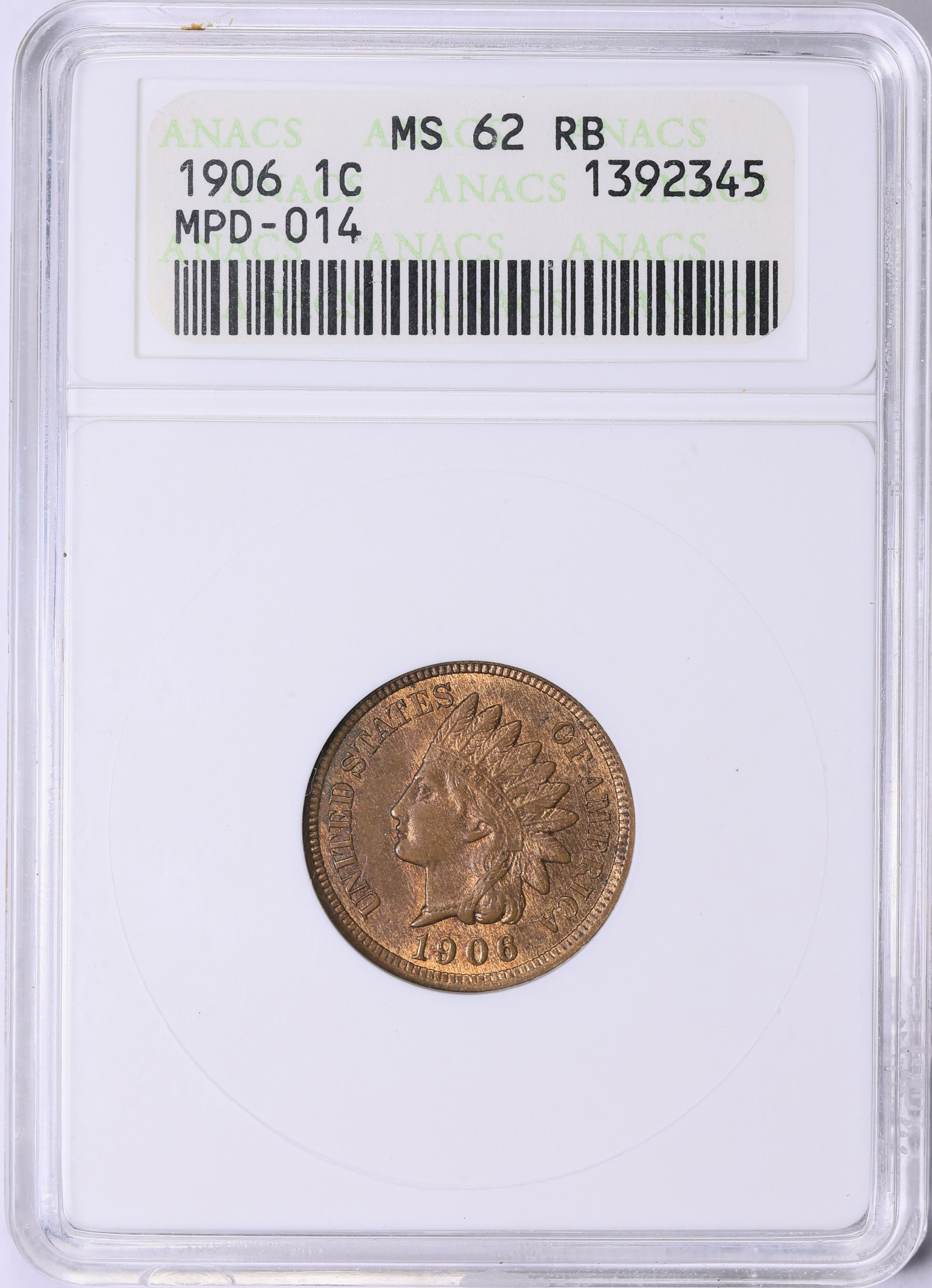 1906 Indian Cent MPD-014 ANACS MS-62 RB OH | ANACS Cert #1392345 ...