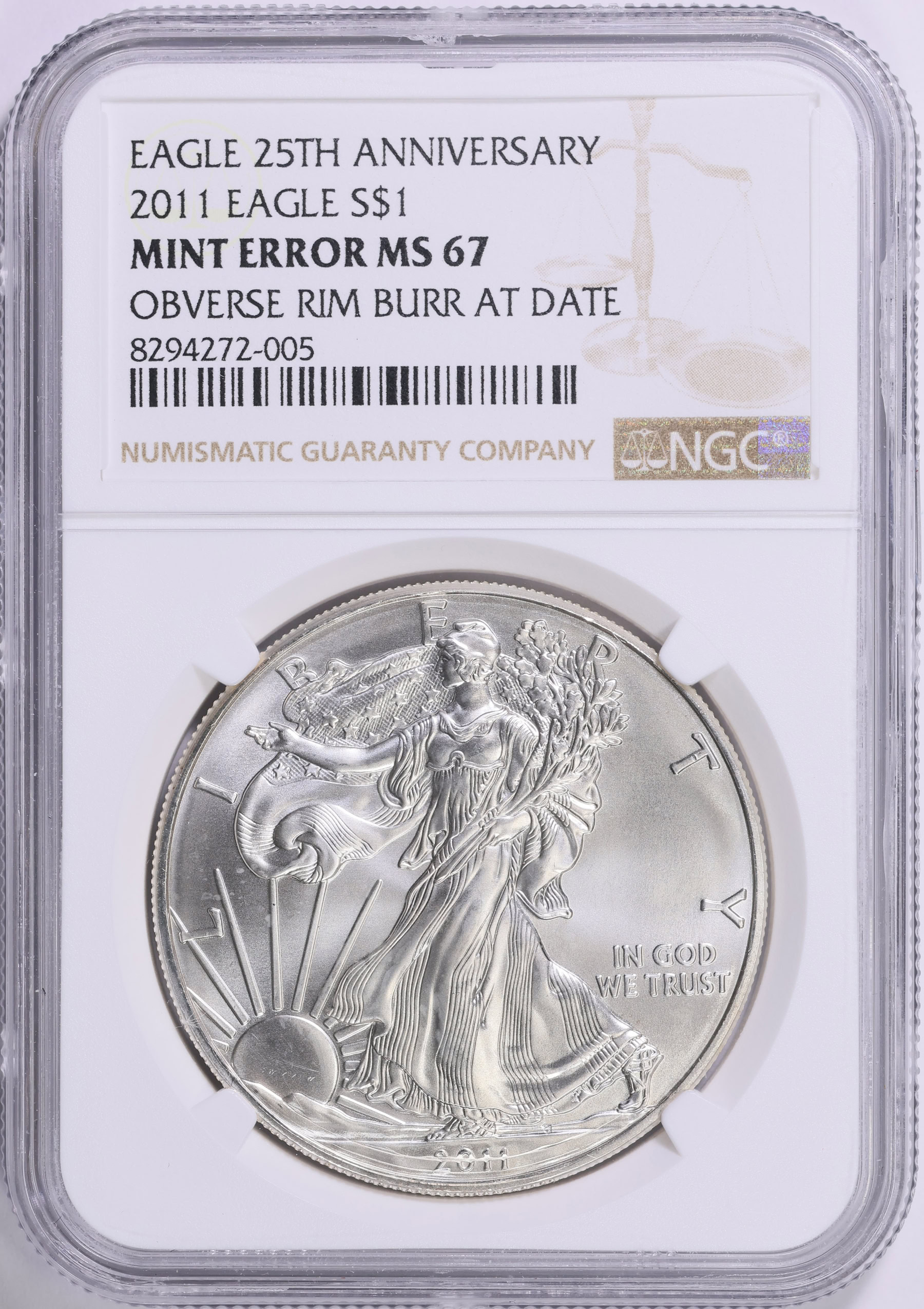 Silver Rimmed Coin Mint Error 2011 $1 Silver Eagle 25th Anniversary Obverse Rim Burr at ...