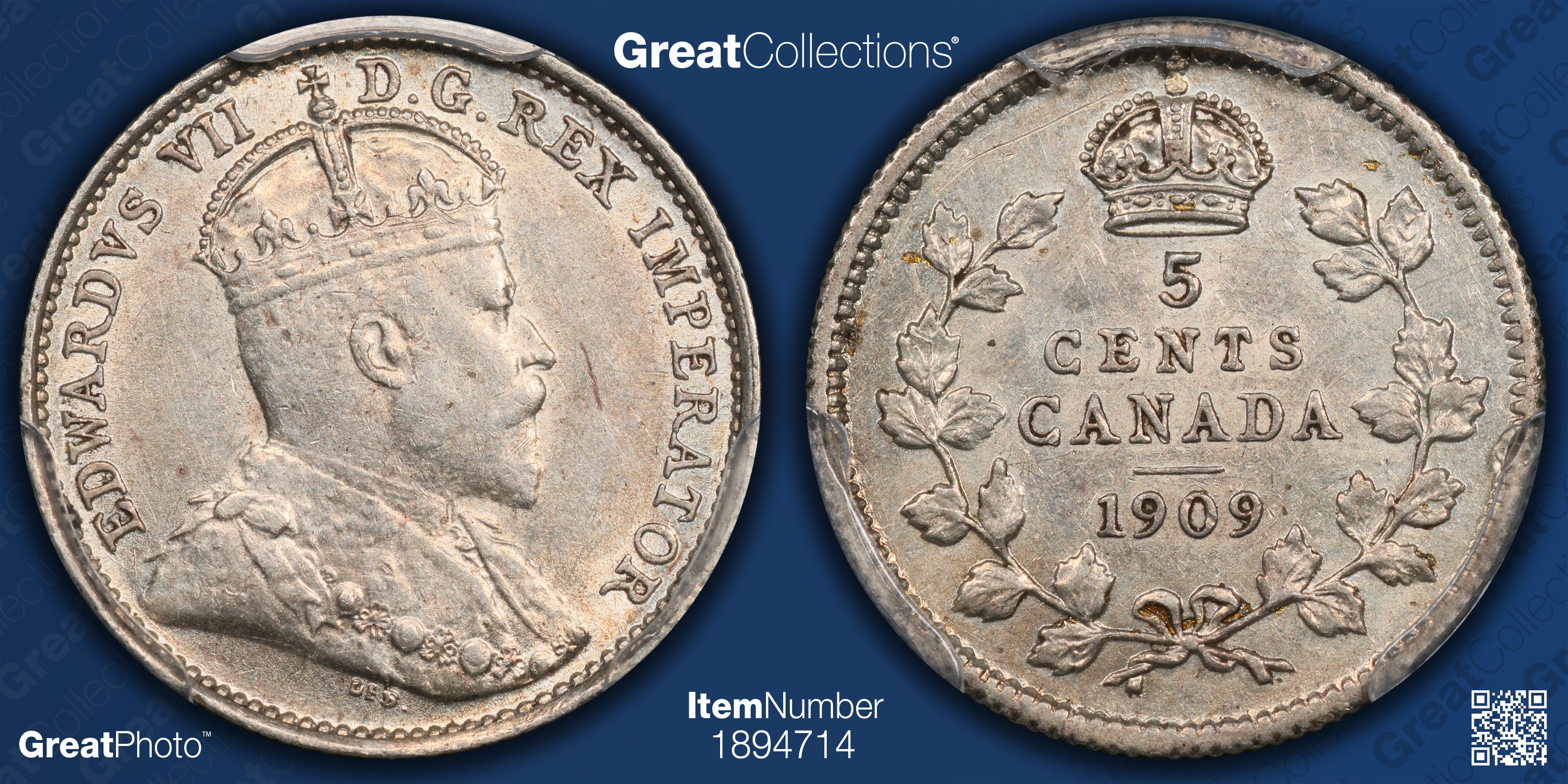 Canada 1909 Silver 5 Cents Round Leaves Bow Tie KM-13 PCGS AU-55 (Item ...