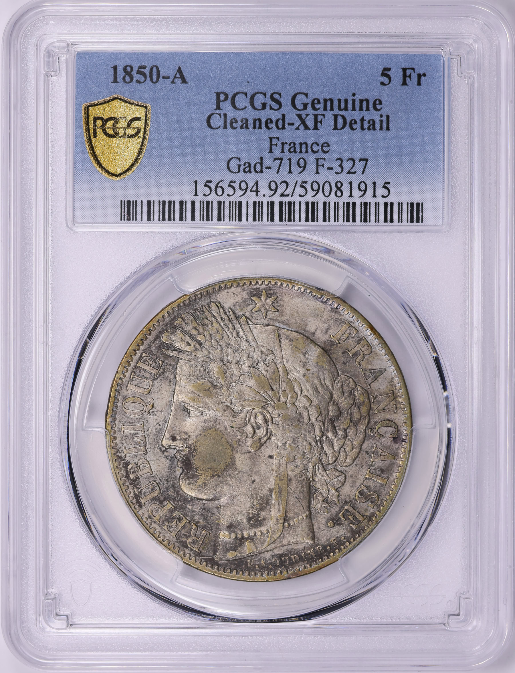 France 1850-A Silver 5 Francs KM-761.1 PCGS Genuine XF Details