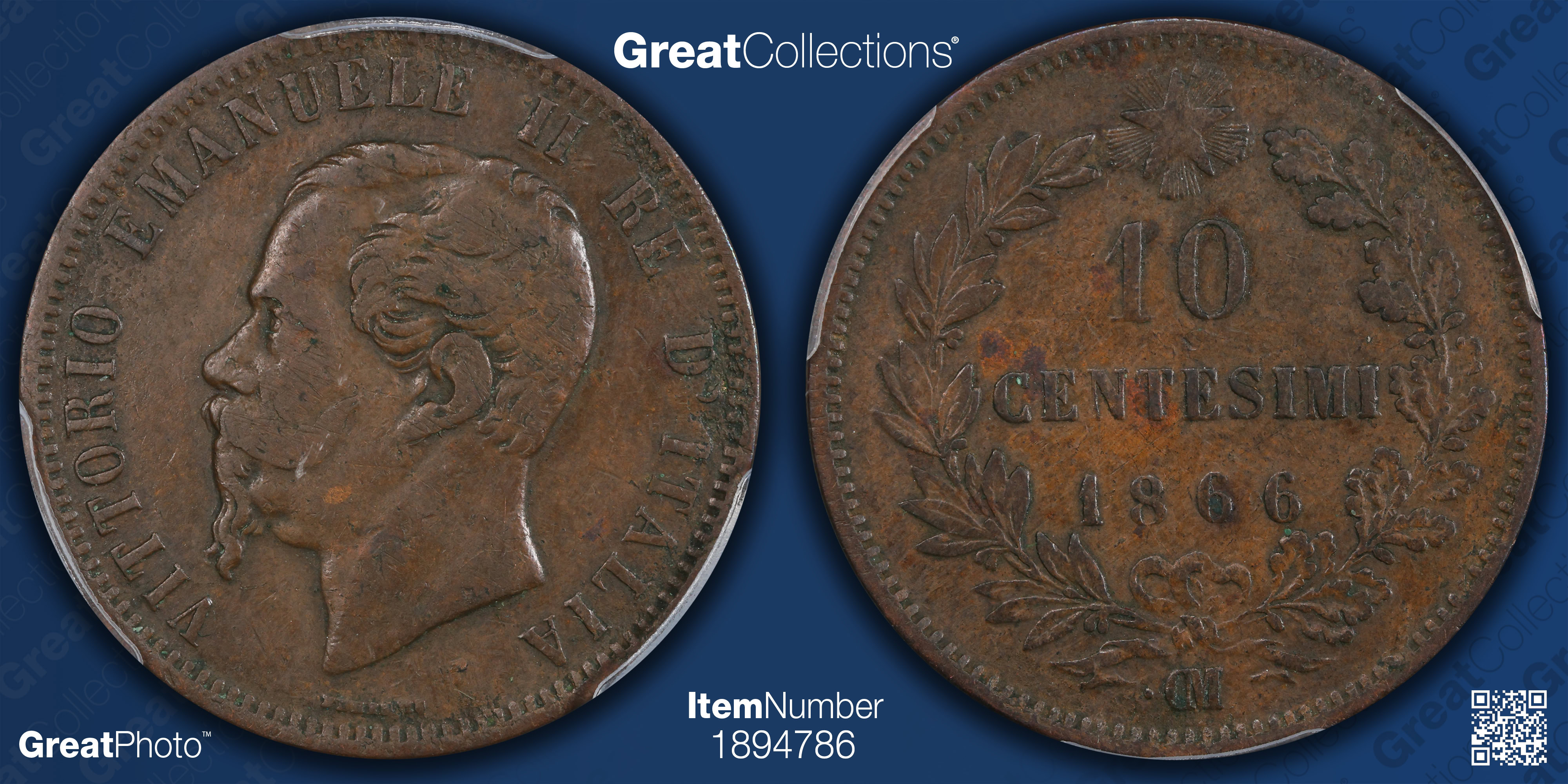 Italy 1866-OM 10 Centesimi KM-11.5 PCGS VF-25 (Item 1894786