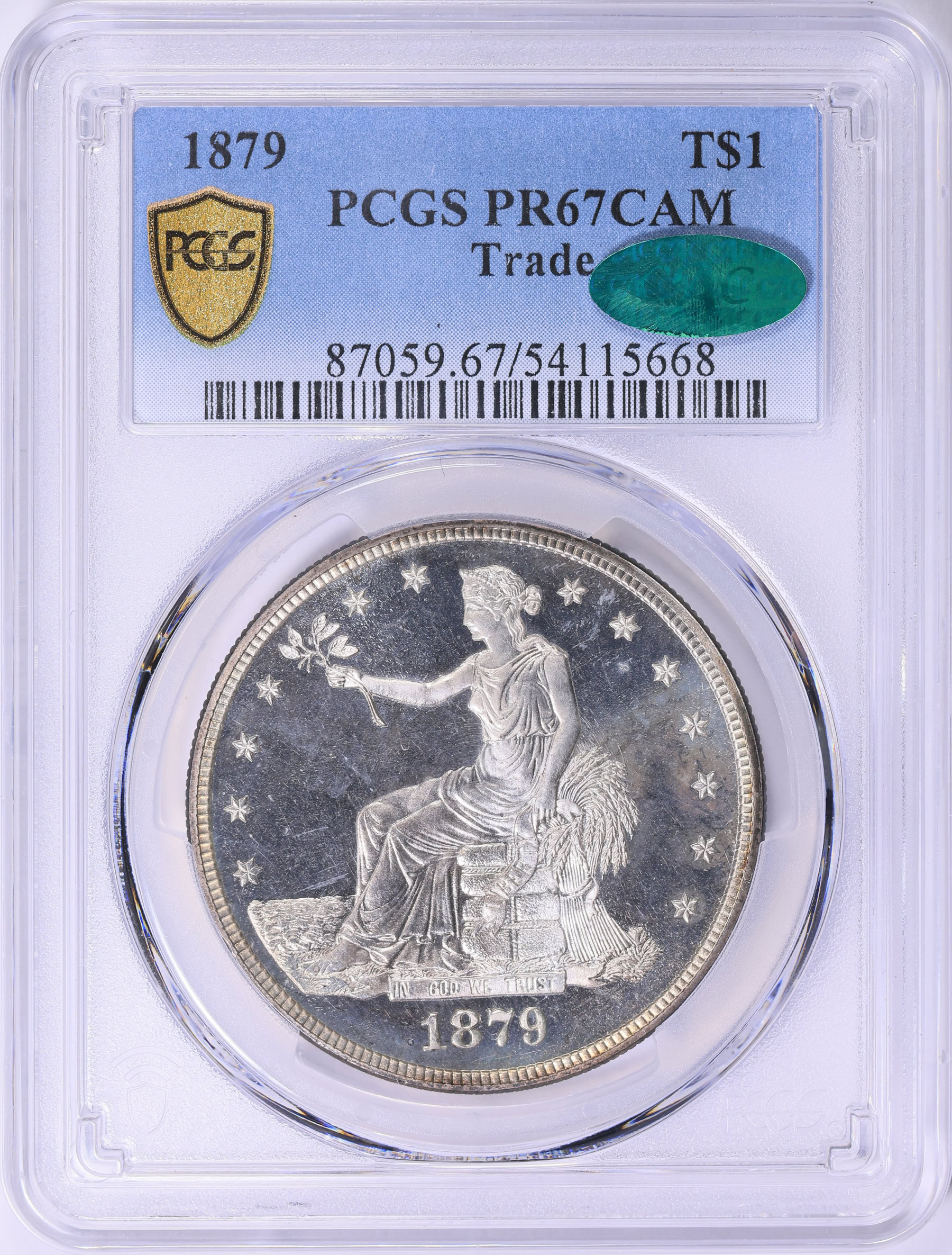 1879 Trade Silver Dollar PCGS Proof-67 CAMEO (CAC Green) (Item
