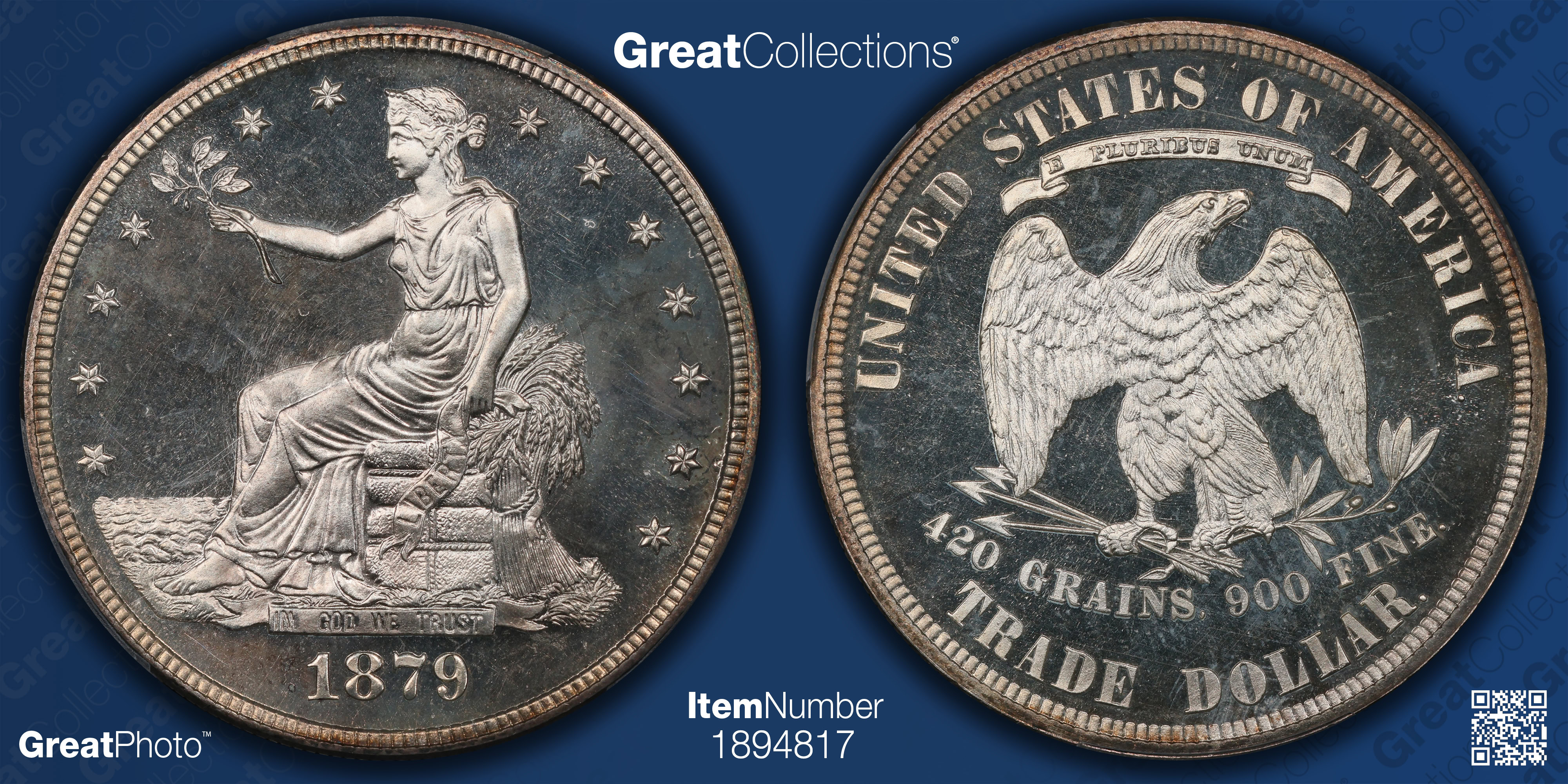 1879 Trade Silver Dollar PCGS Proof-67 CAMEO (CAC Green) (Item