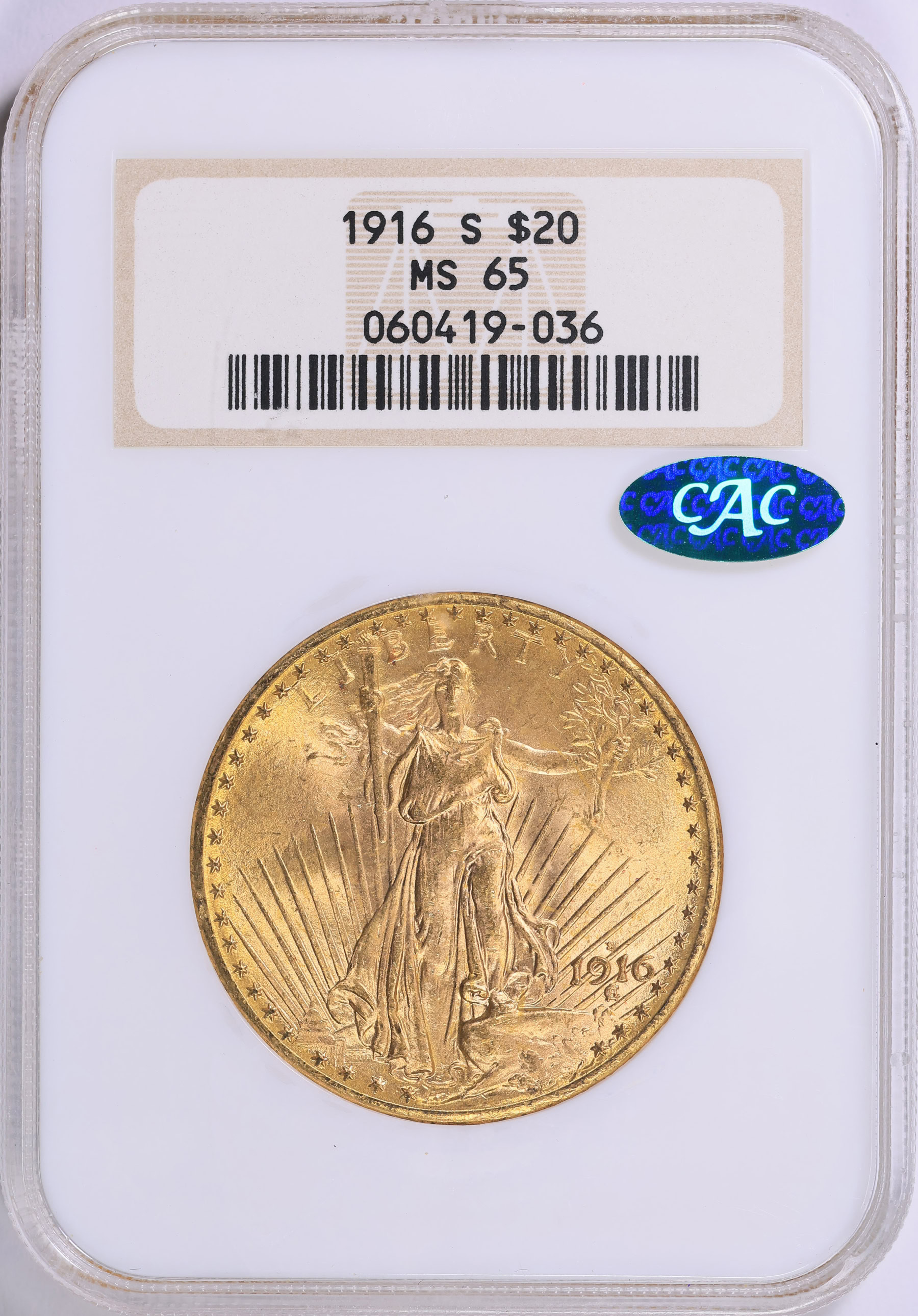 1916-S Saint-Gaudens Gold Double Eagle NGC MS-65 (CAC Green) OH