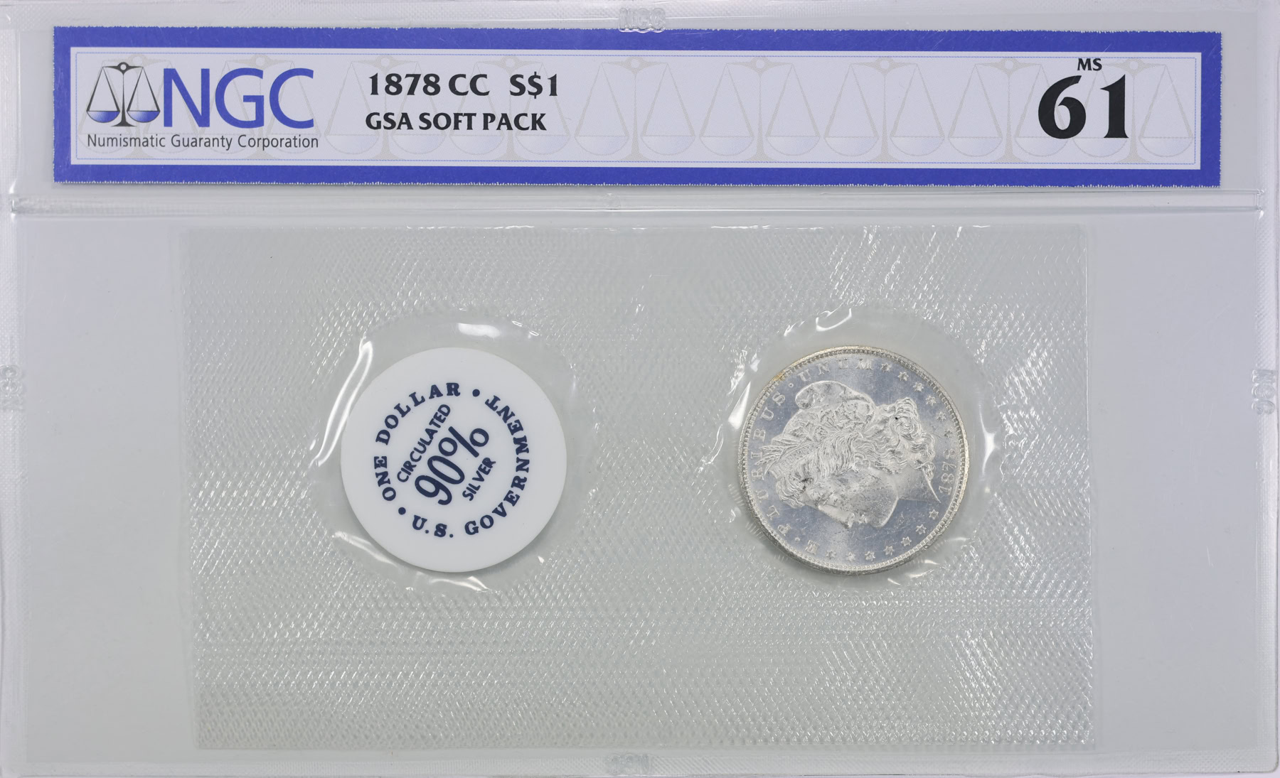 1878-CC Morgan Silver Dollar NGC MS-61 (GSA Soft Pack) (With