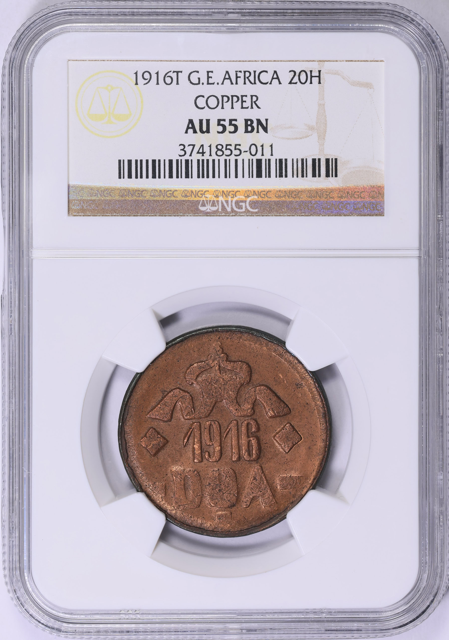 1916年R イタリア王国 2リレ銀貨NGC AU55 German East Africa 1916-T 20 Heller Small Crown, Pointed Tips on