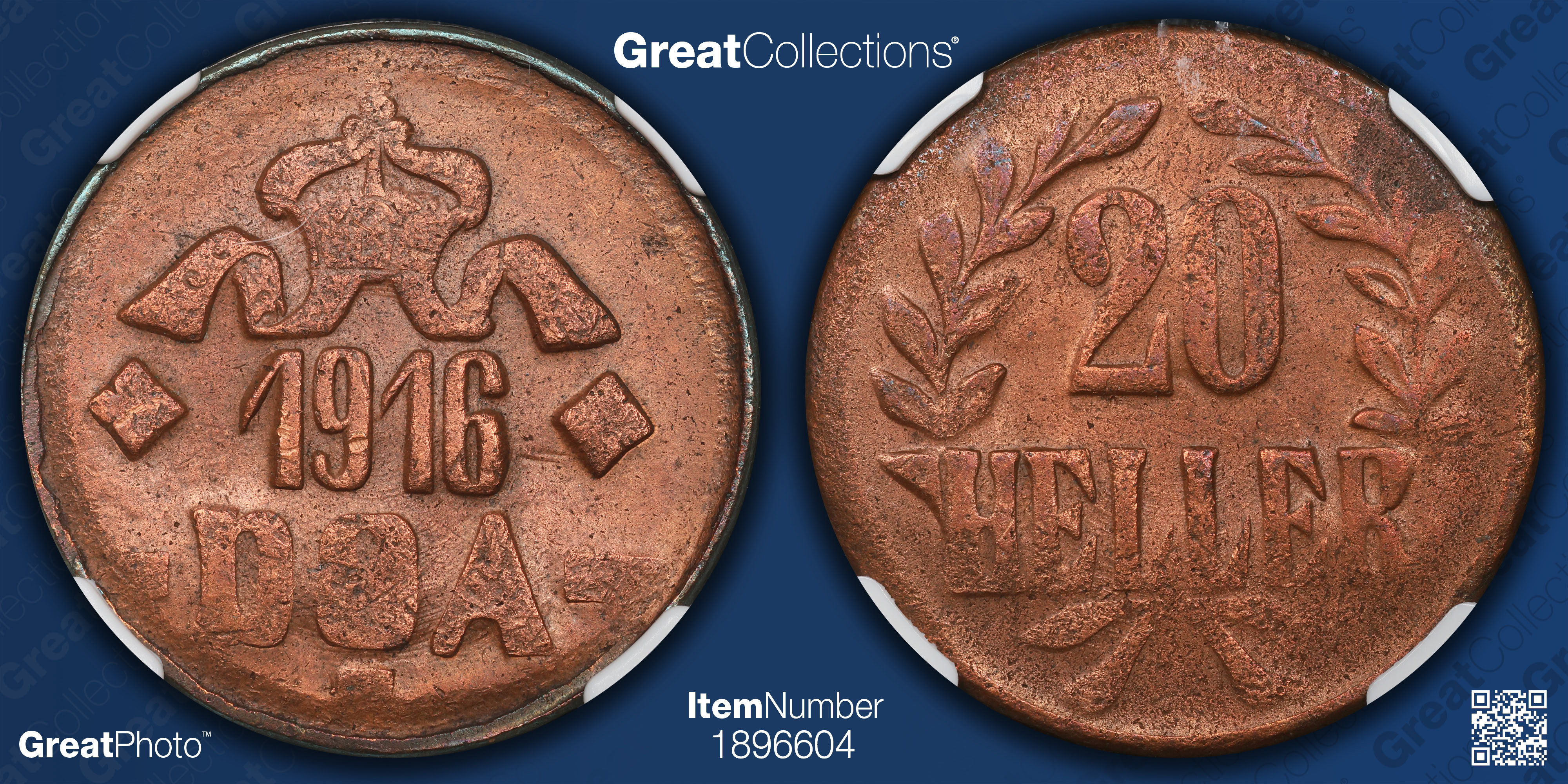 German East Africa 1916-T 20 Heller Small Crown, Pointed Tips on