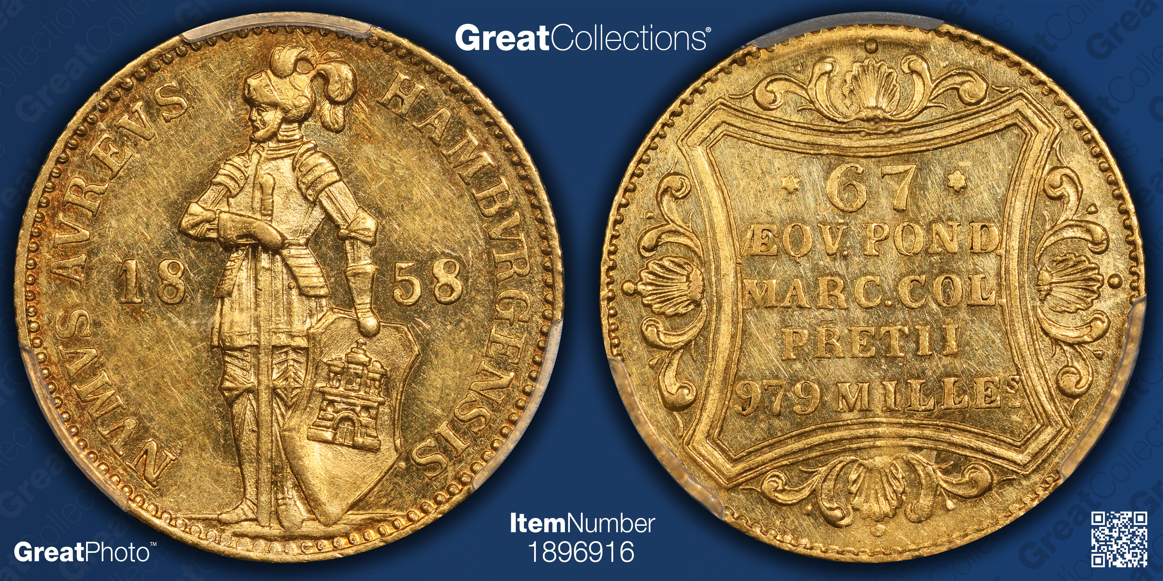 希少　Petrus Joannes Mantegatia 1785 フルサイズ Germany - Hamburg 1858 Gold Ducat KM-579 PCGS MS-61 (AGW = 0.1098