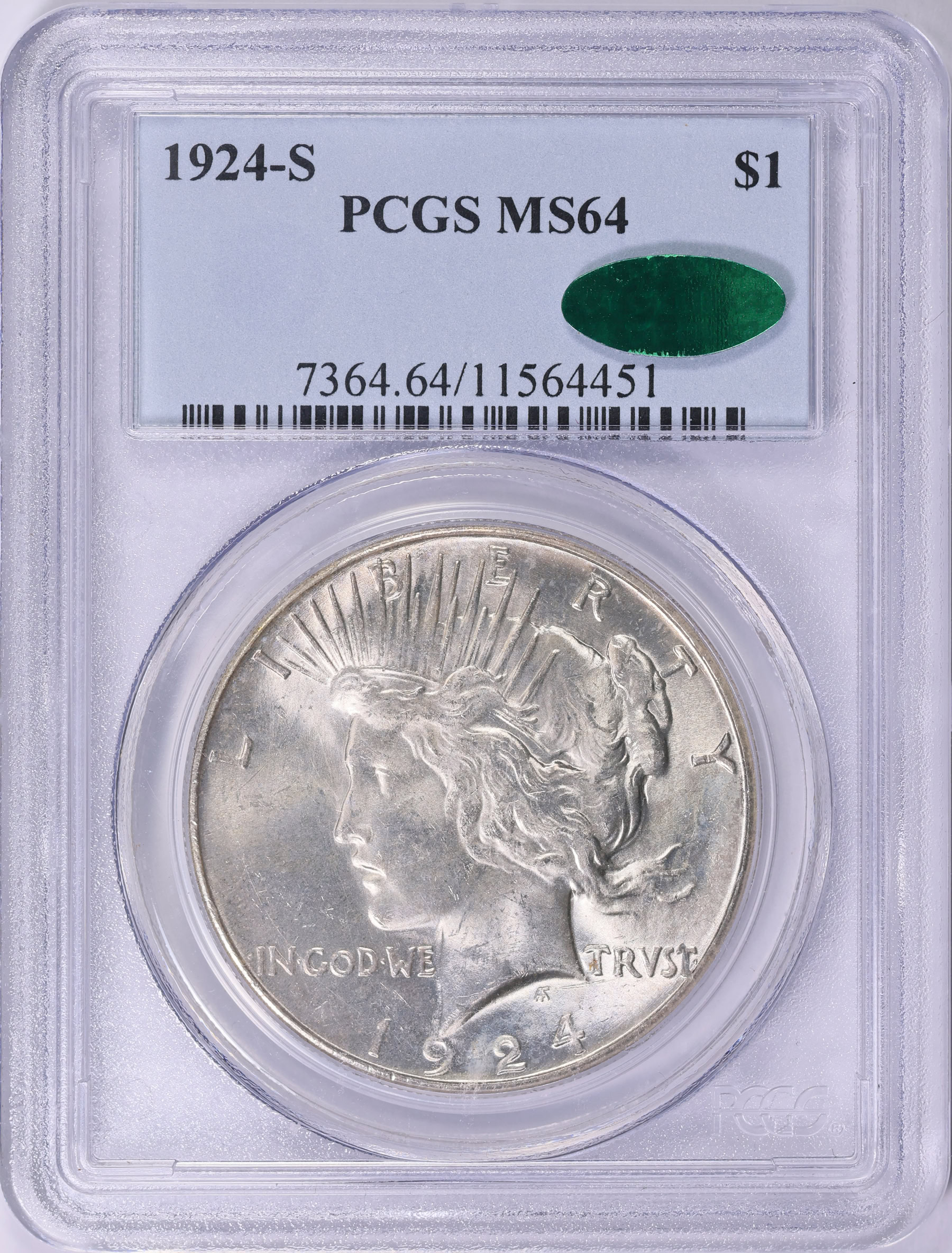 アメリカ ピースダラー銀貨 1924年 PCGS MS64 1924-S Peace Silver Dollar PCGS MS-64 (CAC Green) (Item 1897018