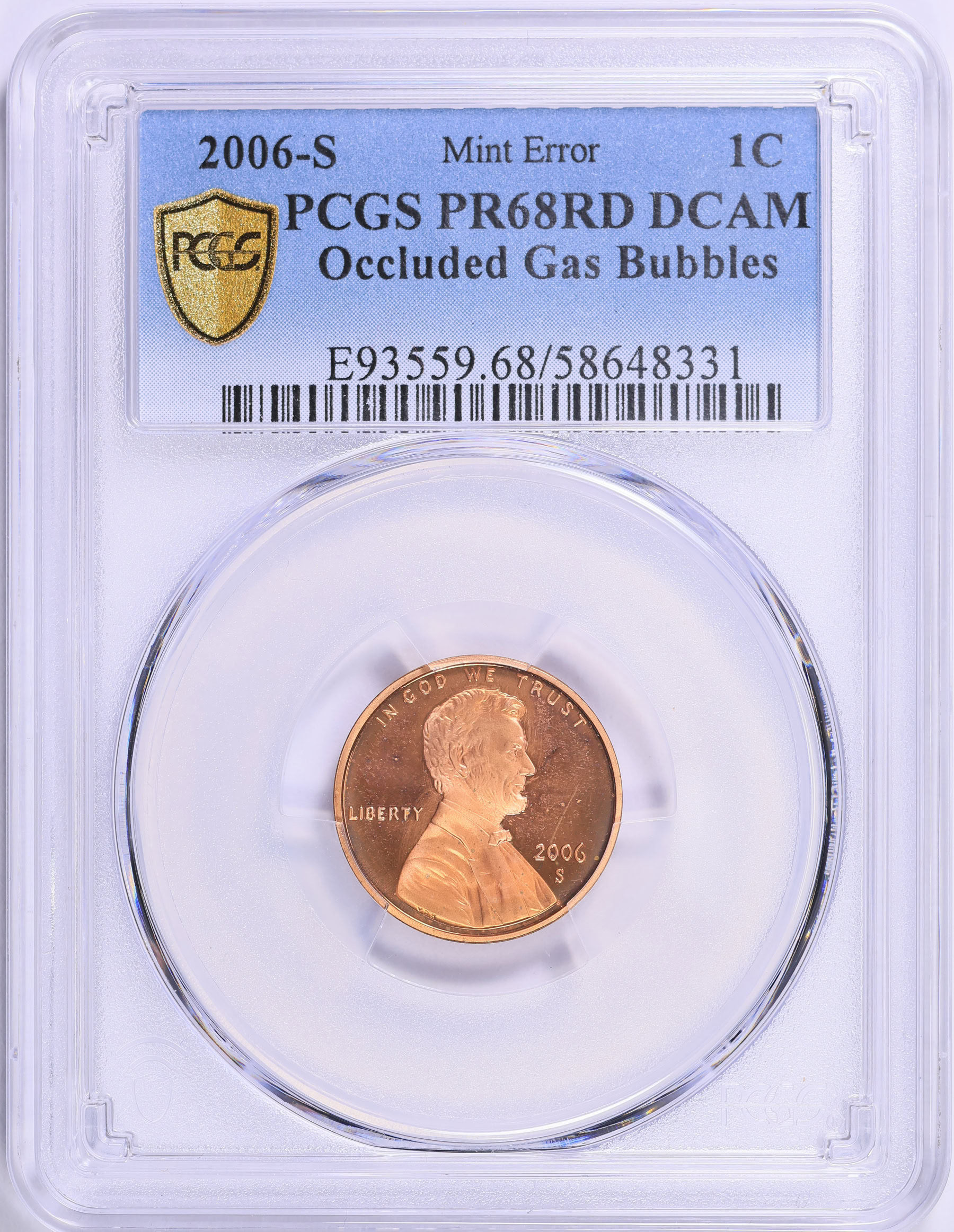 Mint Error 2006-S Lincoln Cent Occluded Gas Bubbles PCGS Proof-68