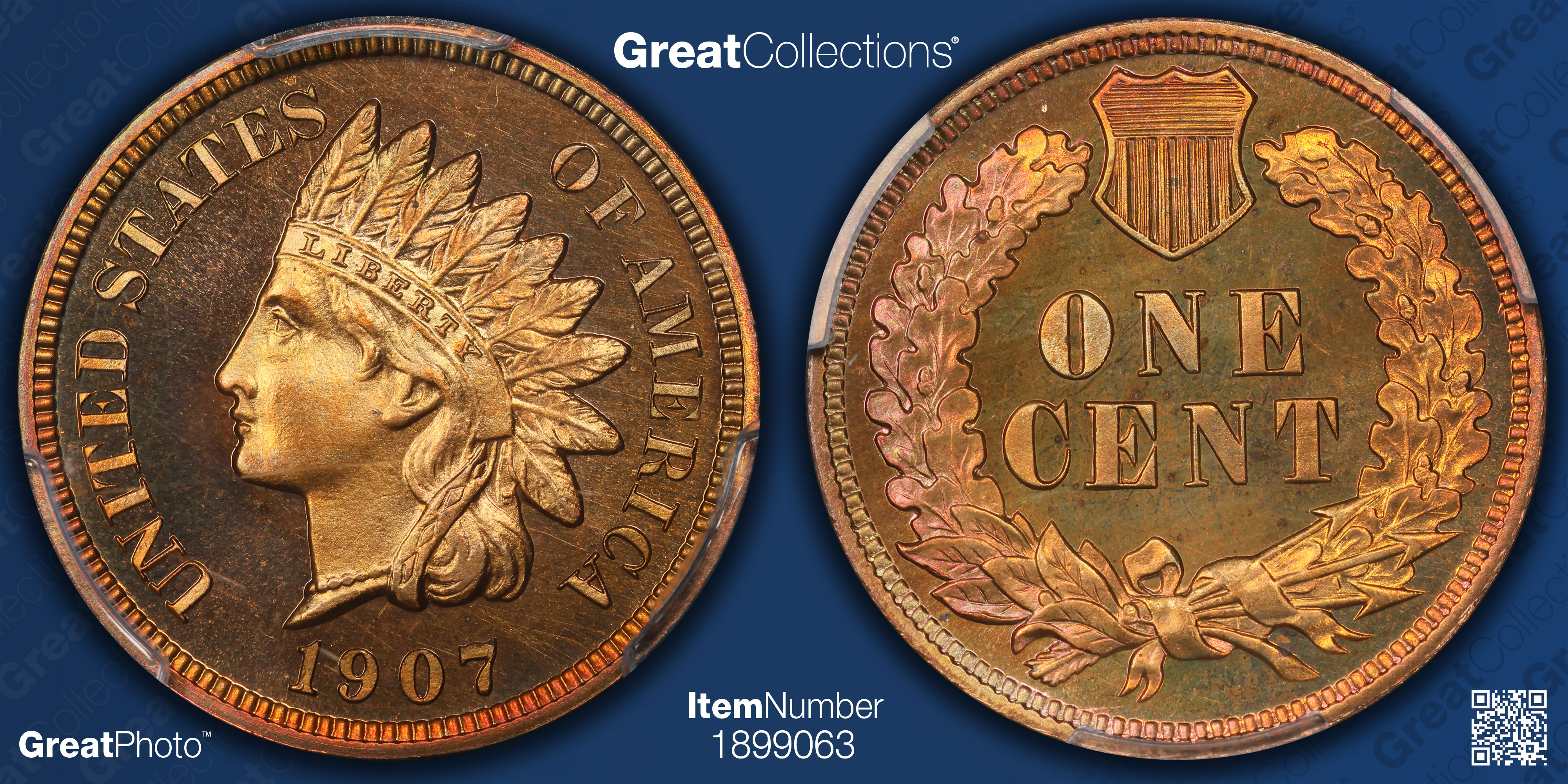 1907 Indian Cent PCGS Proof-67+ RD (CAC Green) (Toned) (Item