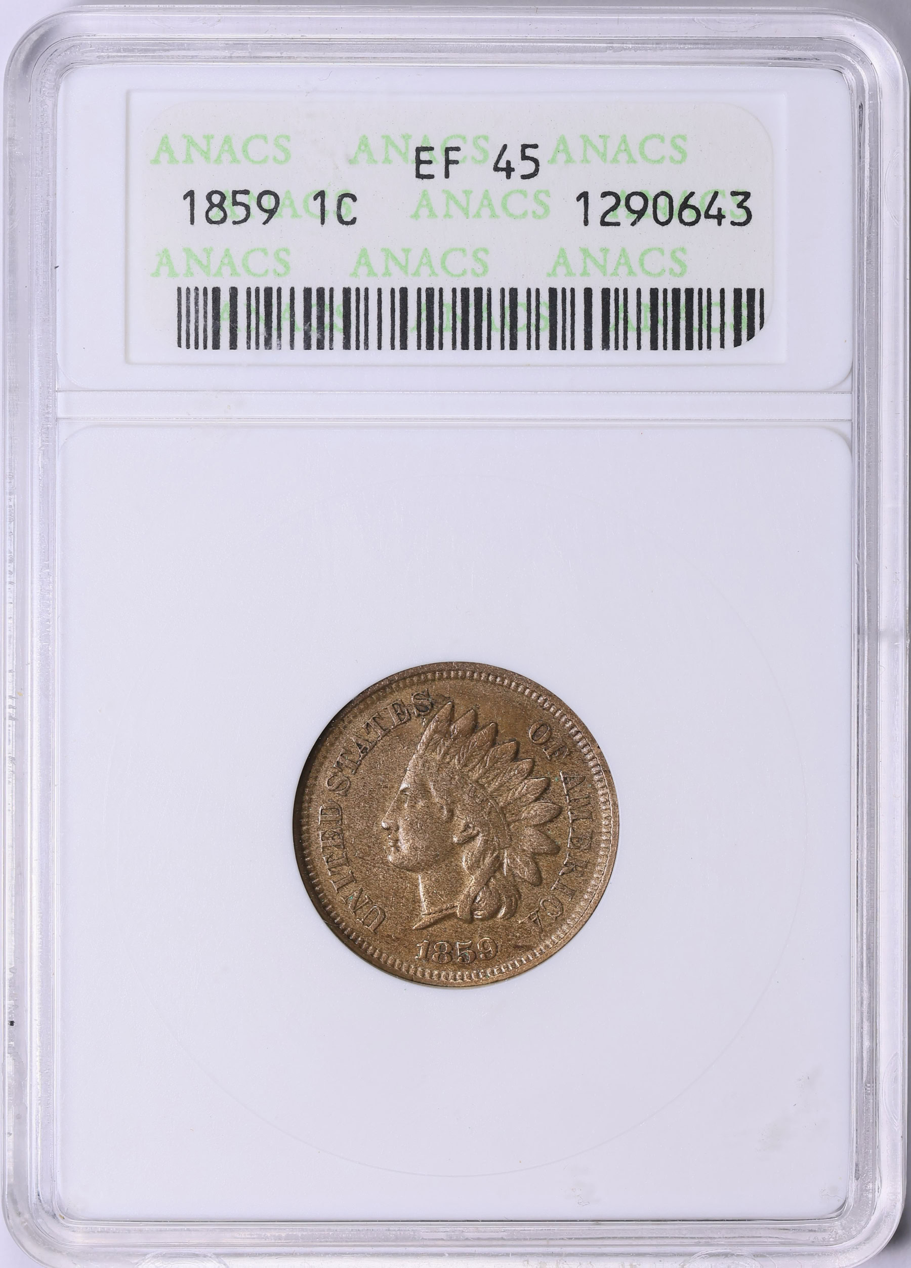 1859 Indian Cent ANACS XF-45 OH (Item 1899699) | GreatCollections Coin ...
