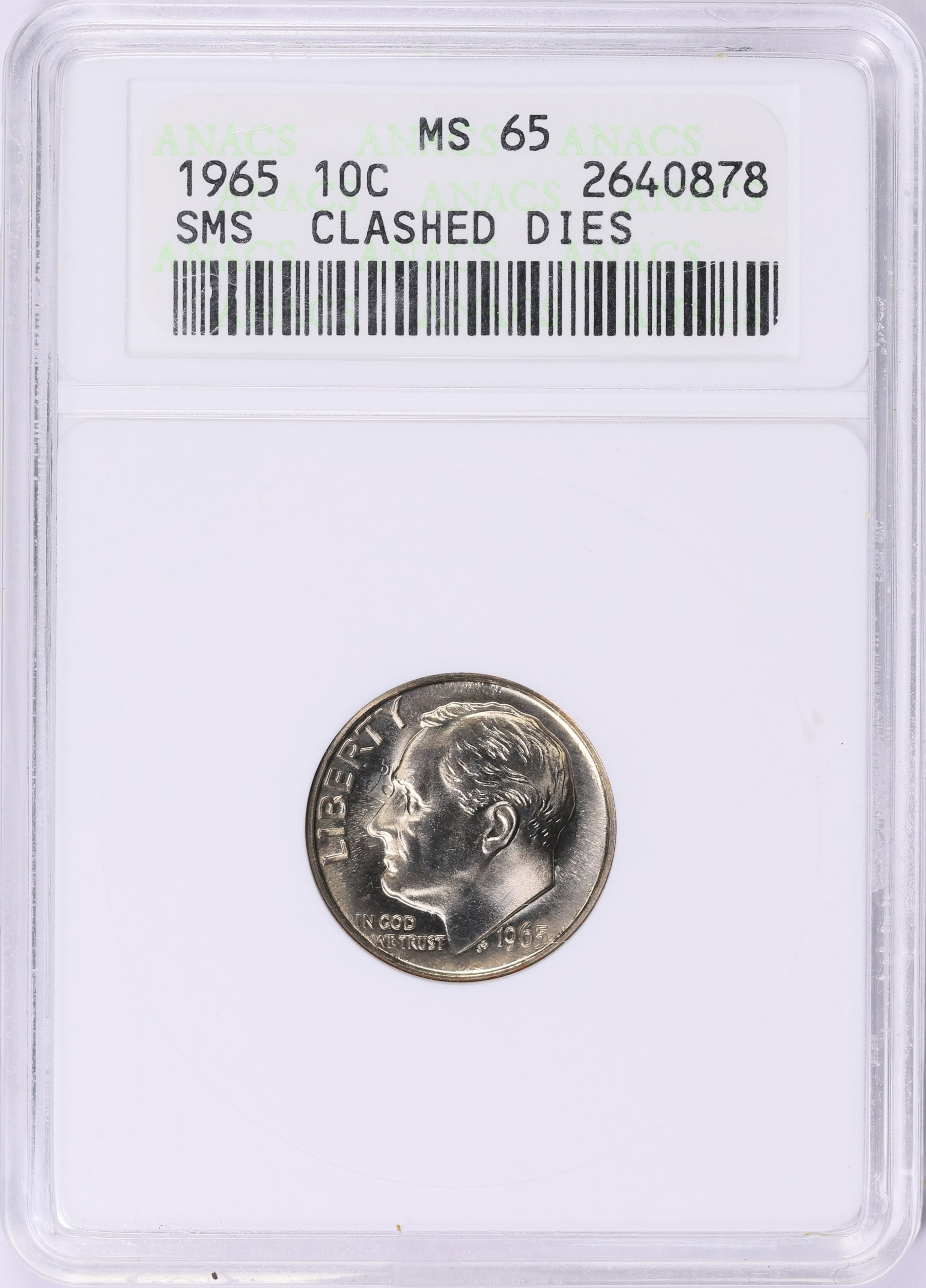 1965 Roosevelt Dime SMS Clashed Dies ANACS MS-65 OH (Toned) (Item