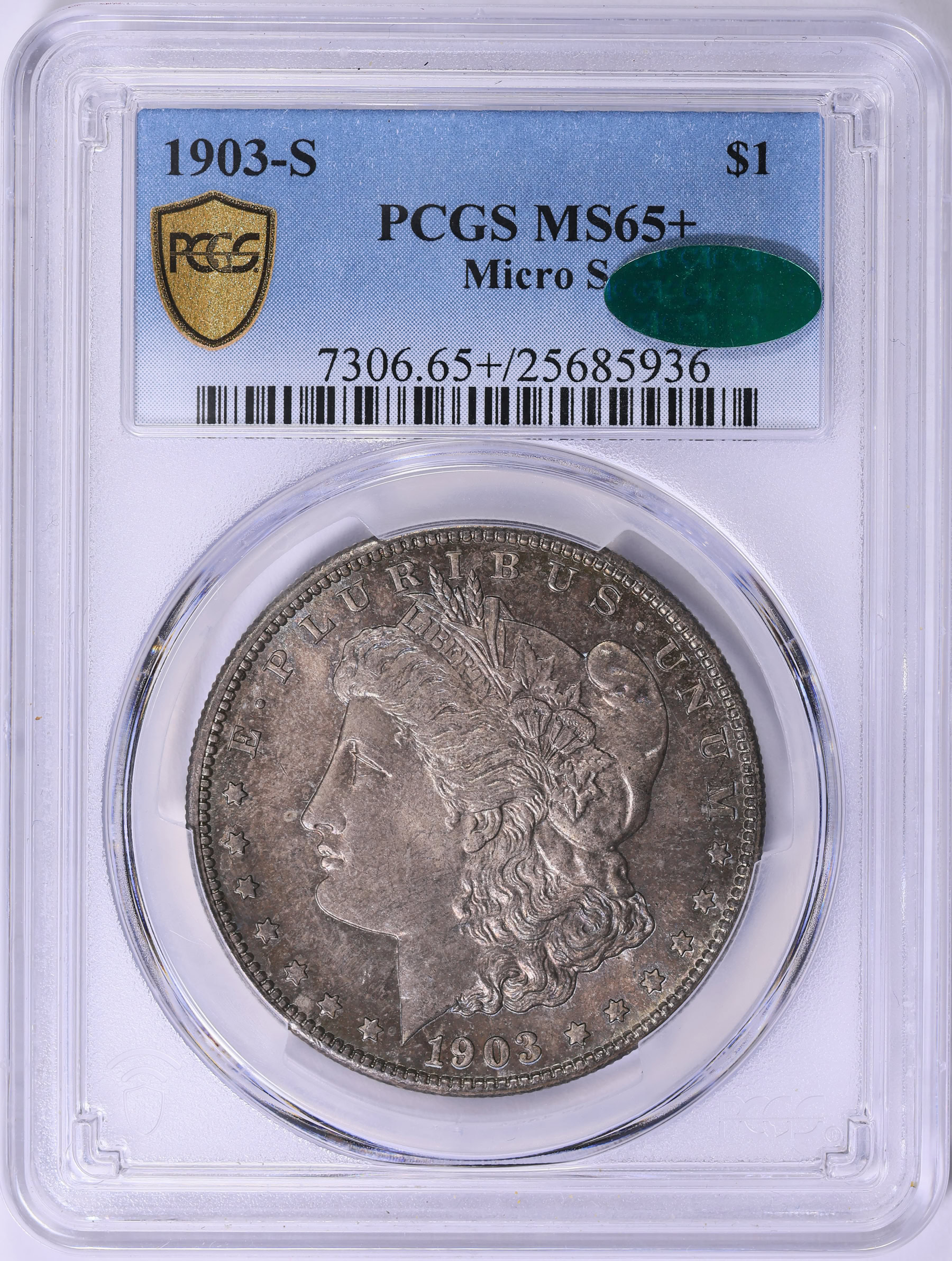 1903-S Morgan Silver Dollar Micro S PCGS MS-65+ (CAC Green) (Toned