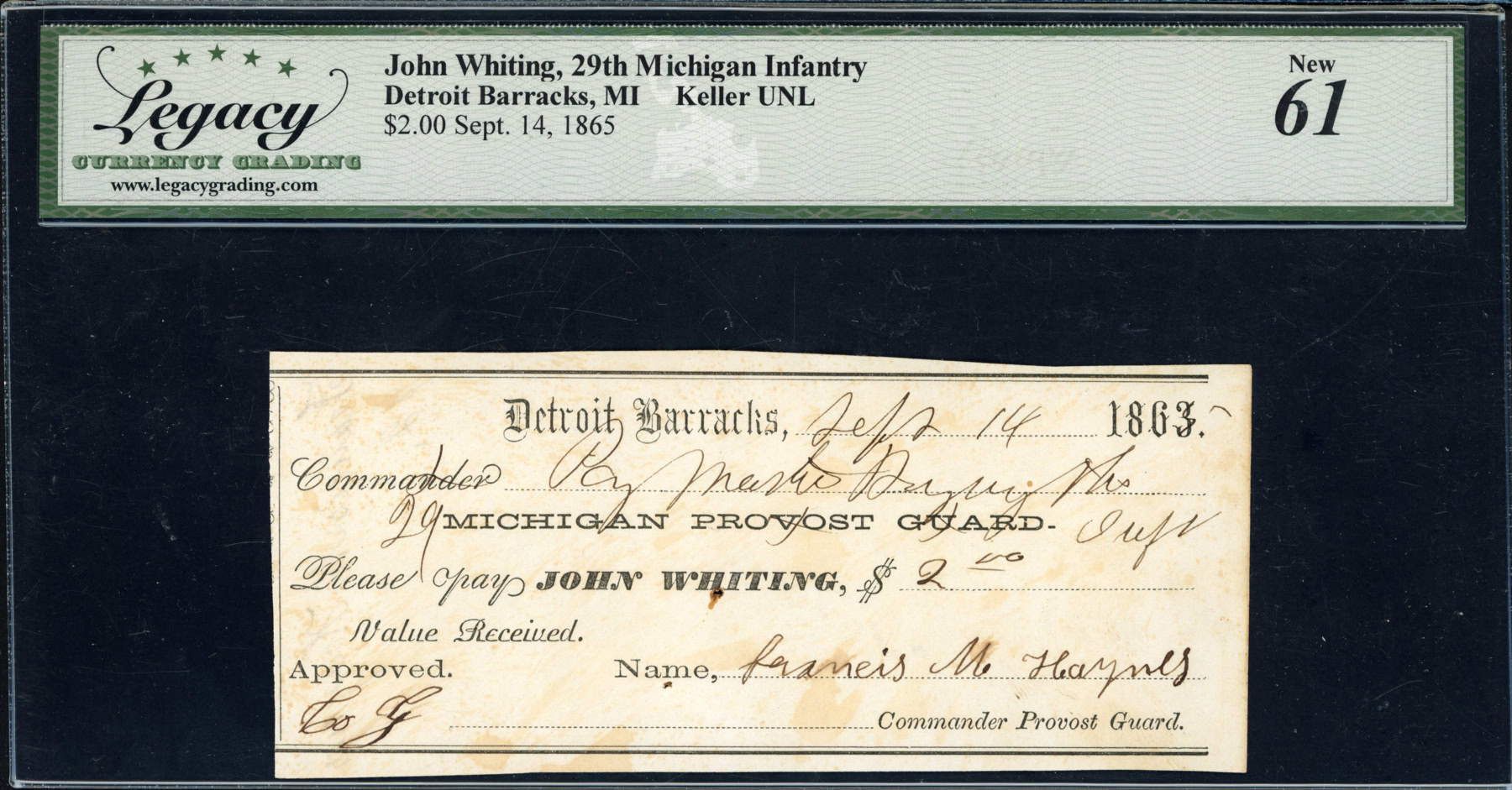 Sep. 14, 1865 Detroit Barracks, Michigan 29th Michigan Infantry $2 ...