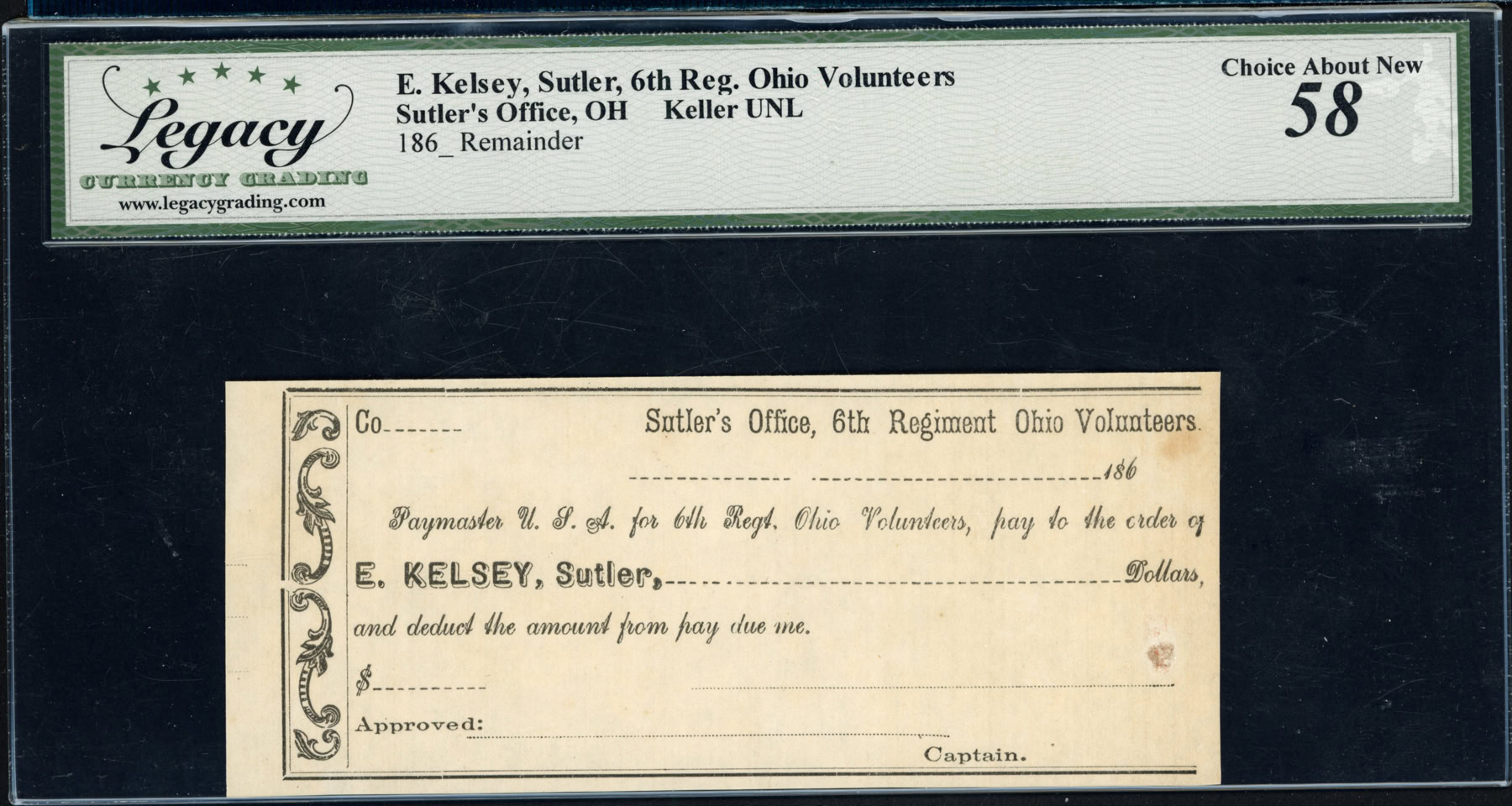 1860s Cincinnati, Ohio 6th Regiment Ohio Volunteers Sutler Scrip ...