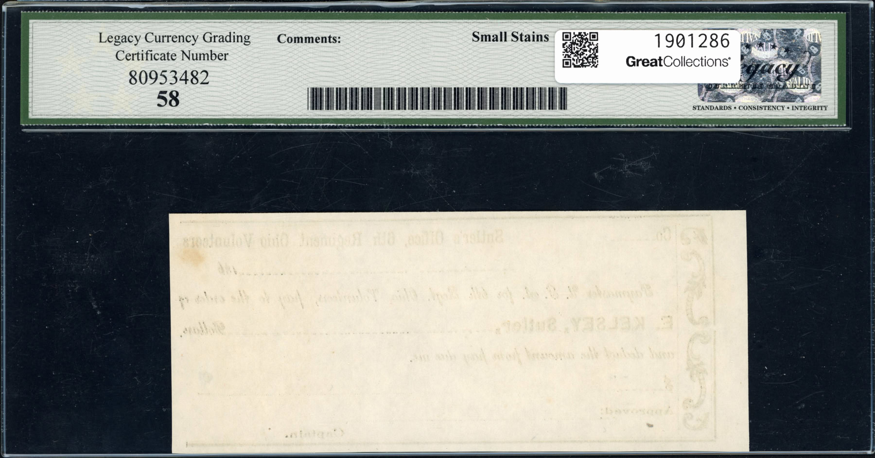 1860s Cincinnati, Ohio 6th Regiment Ohio Volunteers Sutler Scrip ...