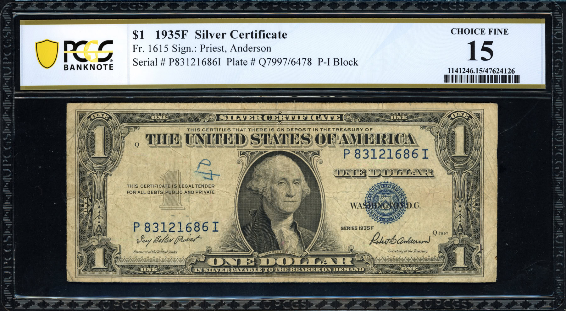 Fr. 1615 (PI Block) 1935F $1 Silver Certificate Note Priest / Anderson ...