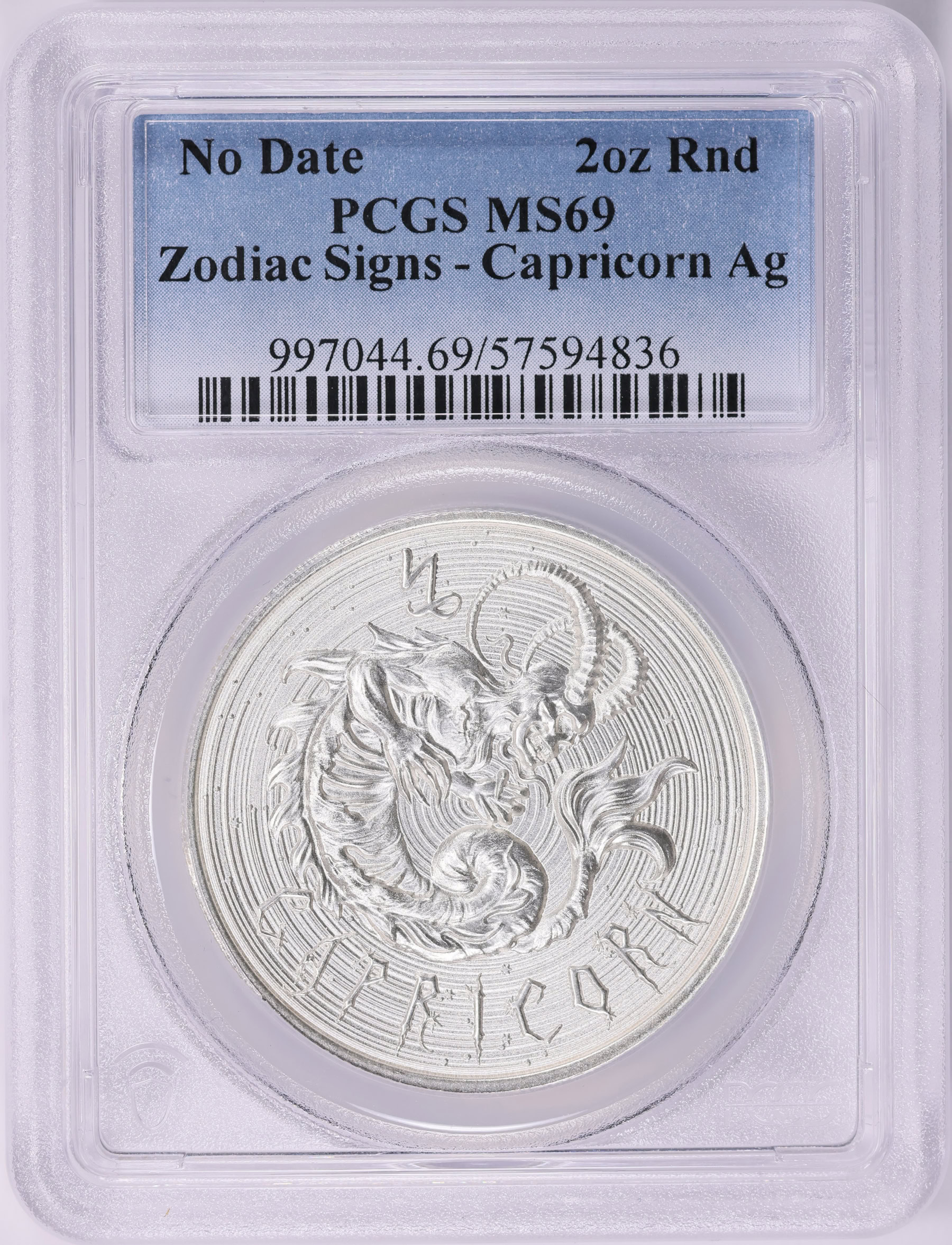 ND Silver 2oz Intaglio Mint Zodiac Signs, Capricorn Round PCGS MS-69 ...