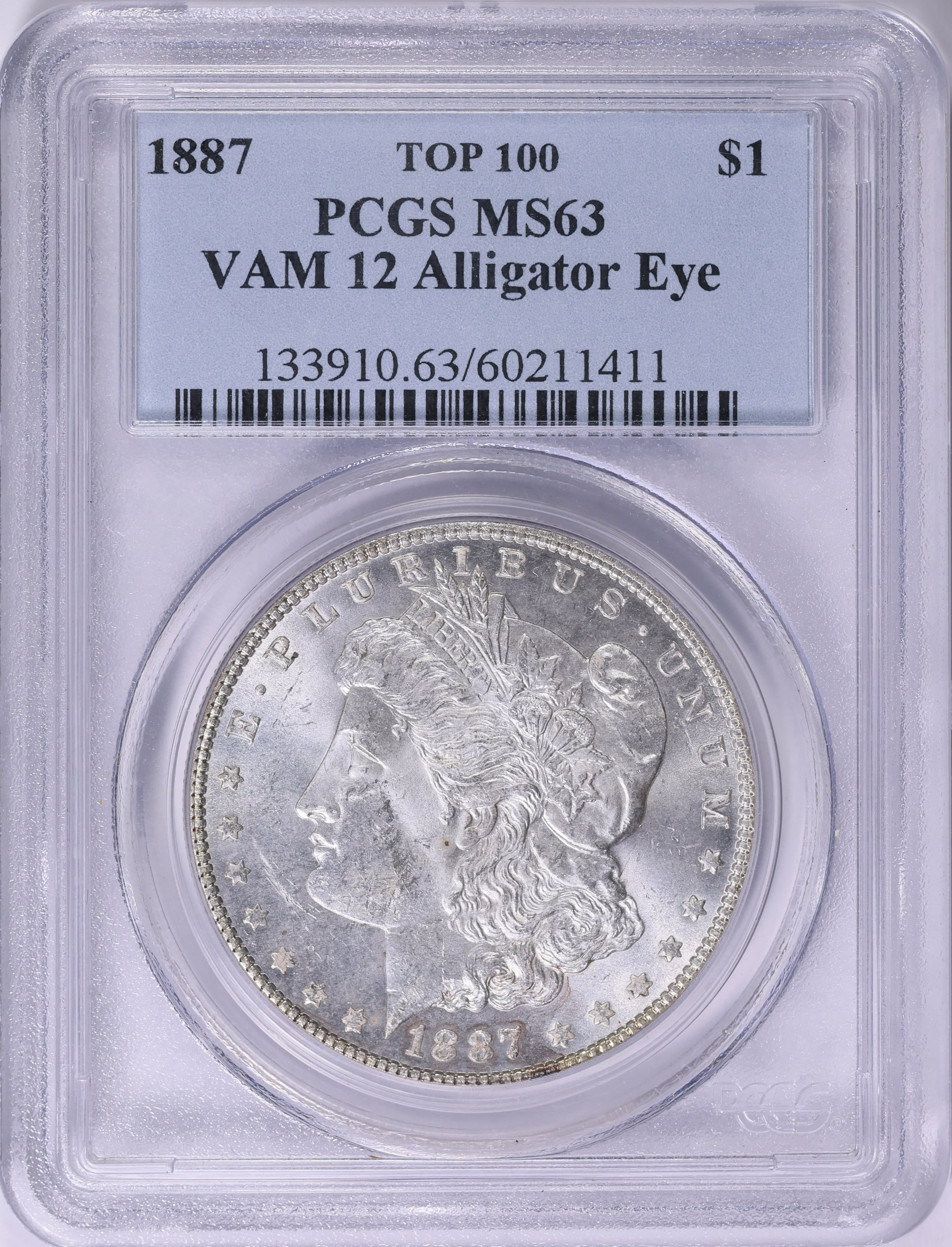 1887 Morgan Silver Dollar Alligator Eye VAM-12 Top 100 PCGS MS-63
