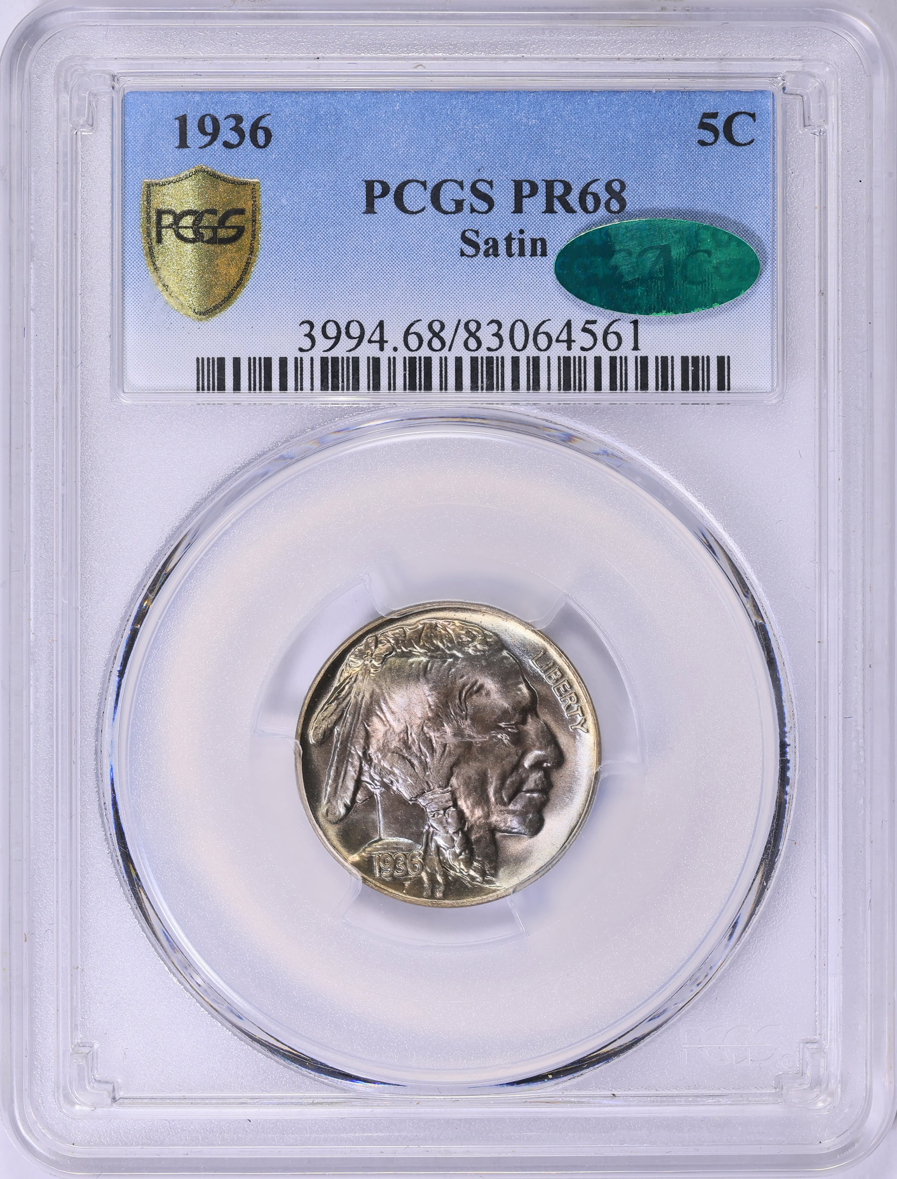 1936 Buffalo Nickel Satin PCGS Proof-68 (CAC Green) (Toned) (Item ...