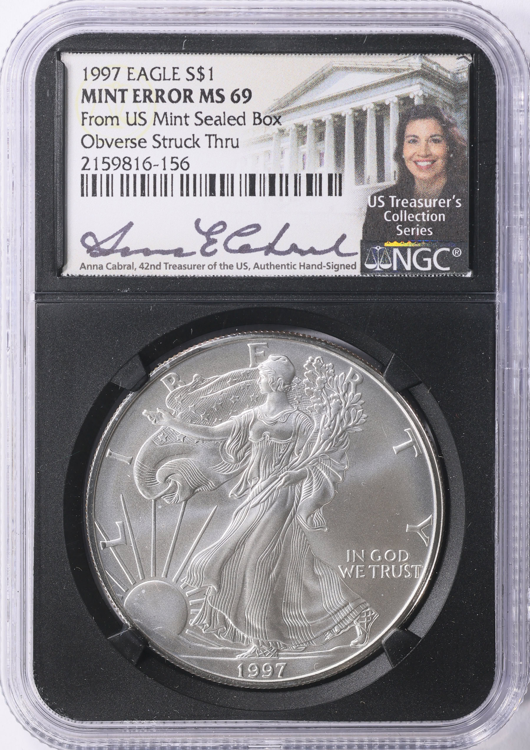 Mint Error 1997 $1 Silver Eagle Obverse Struck Thru NGC MS-69