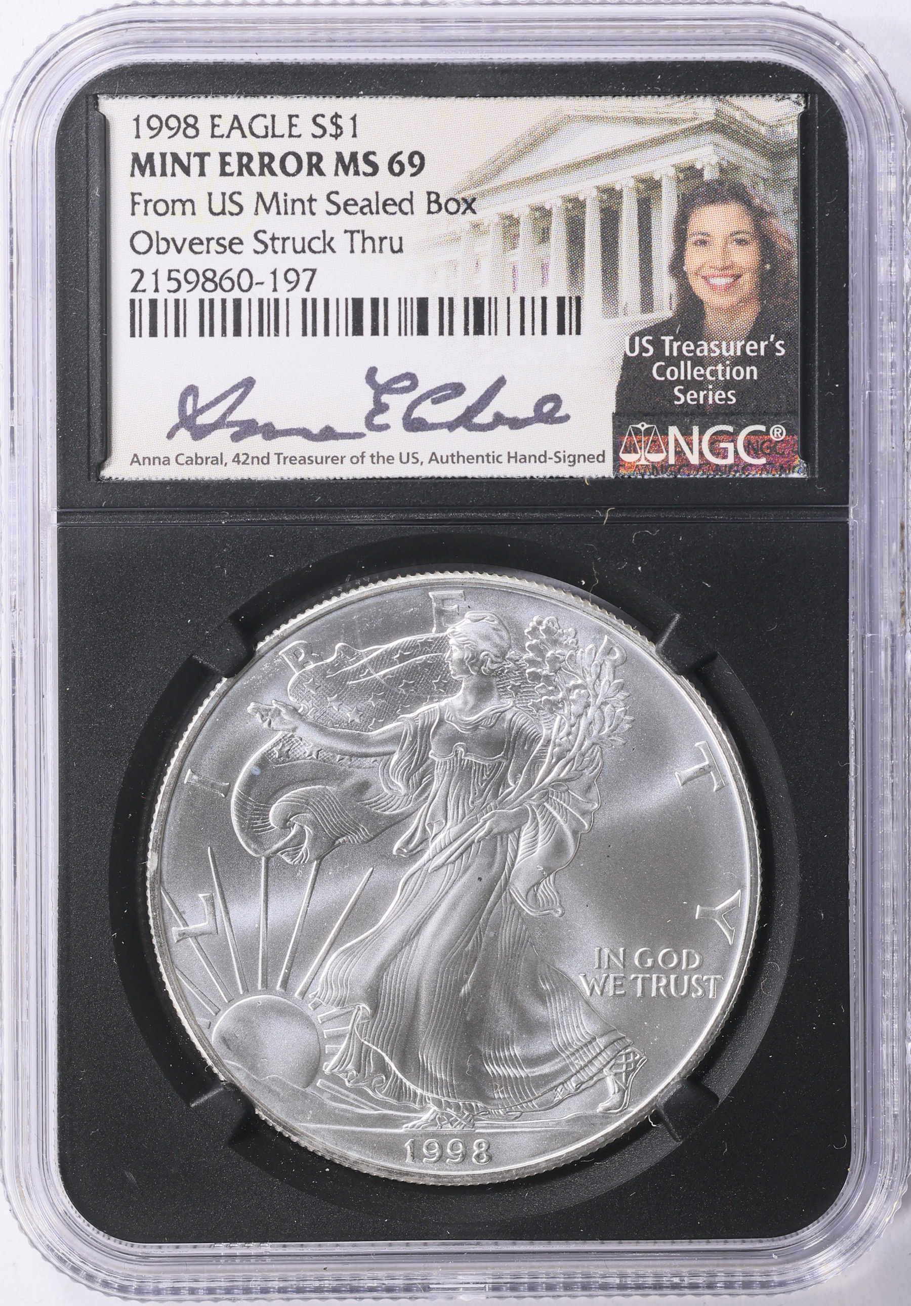 Mint Error 1998 $1 Silver Eagle Obverse Struck Thru NGC MS-69 (Anna ...