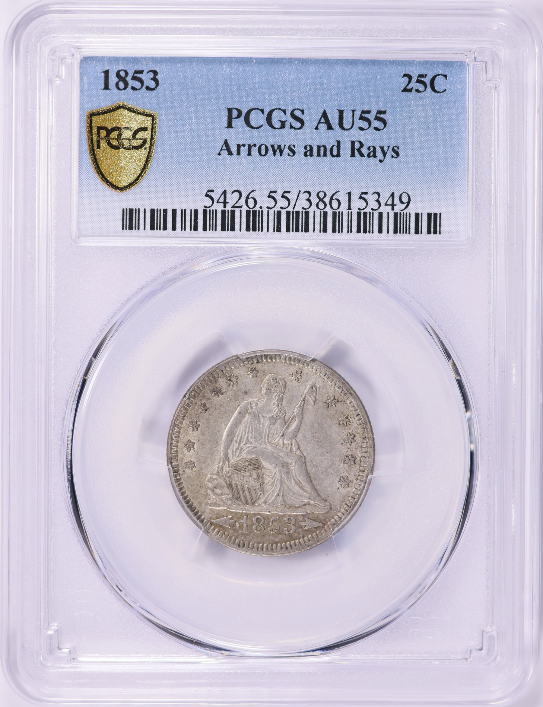 1853 Seated Liberty Quarter Arrows and Rays PCGS AU-55 (Item