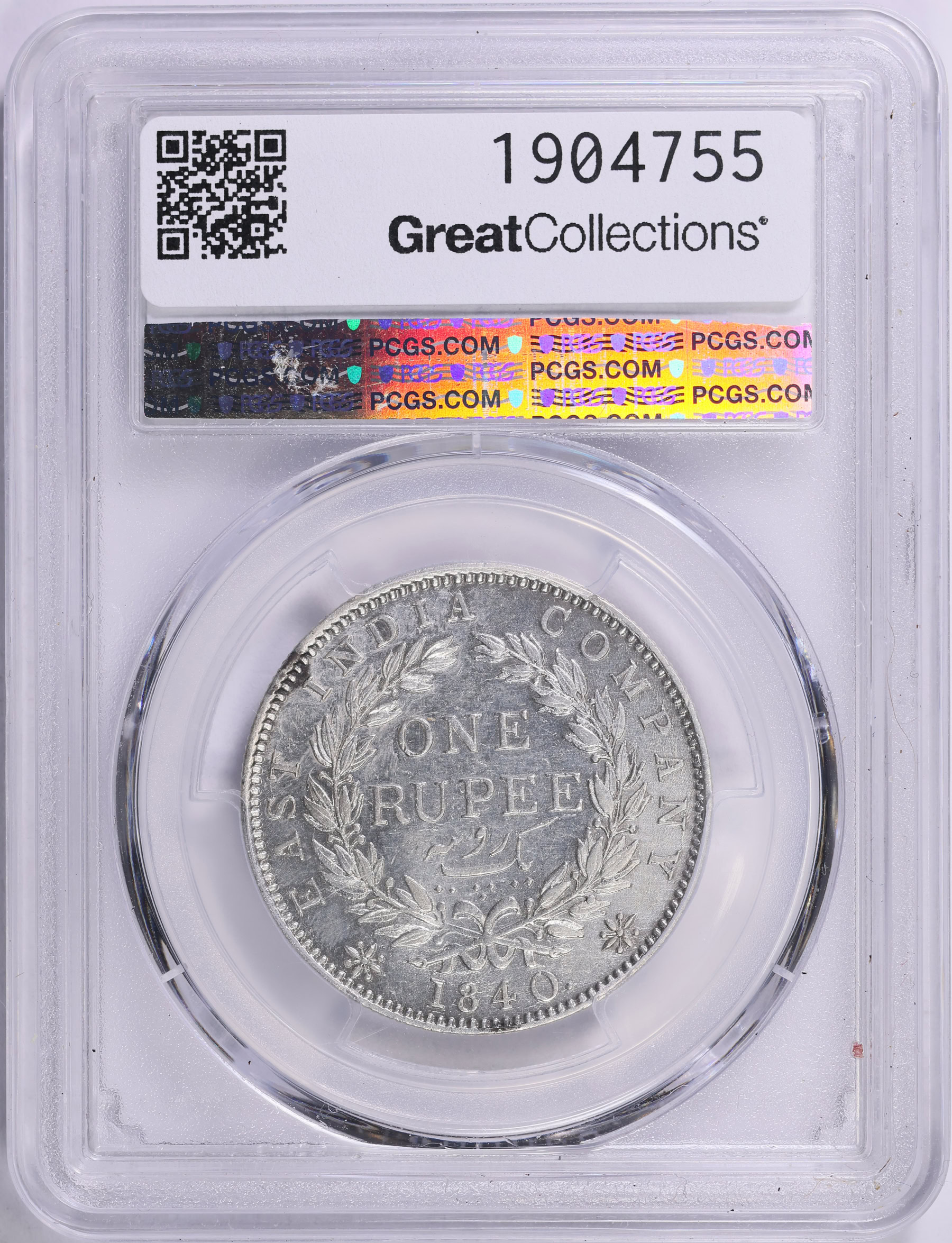 India 1840-(B) Silver Rupee KM-457.3 PCGS Genuine AU Details (Item