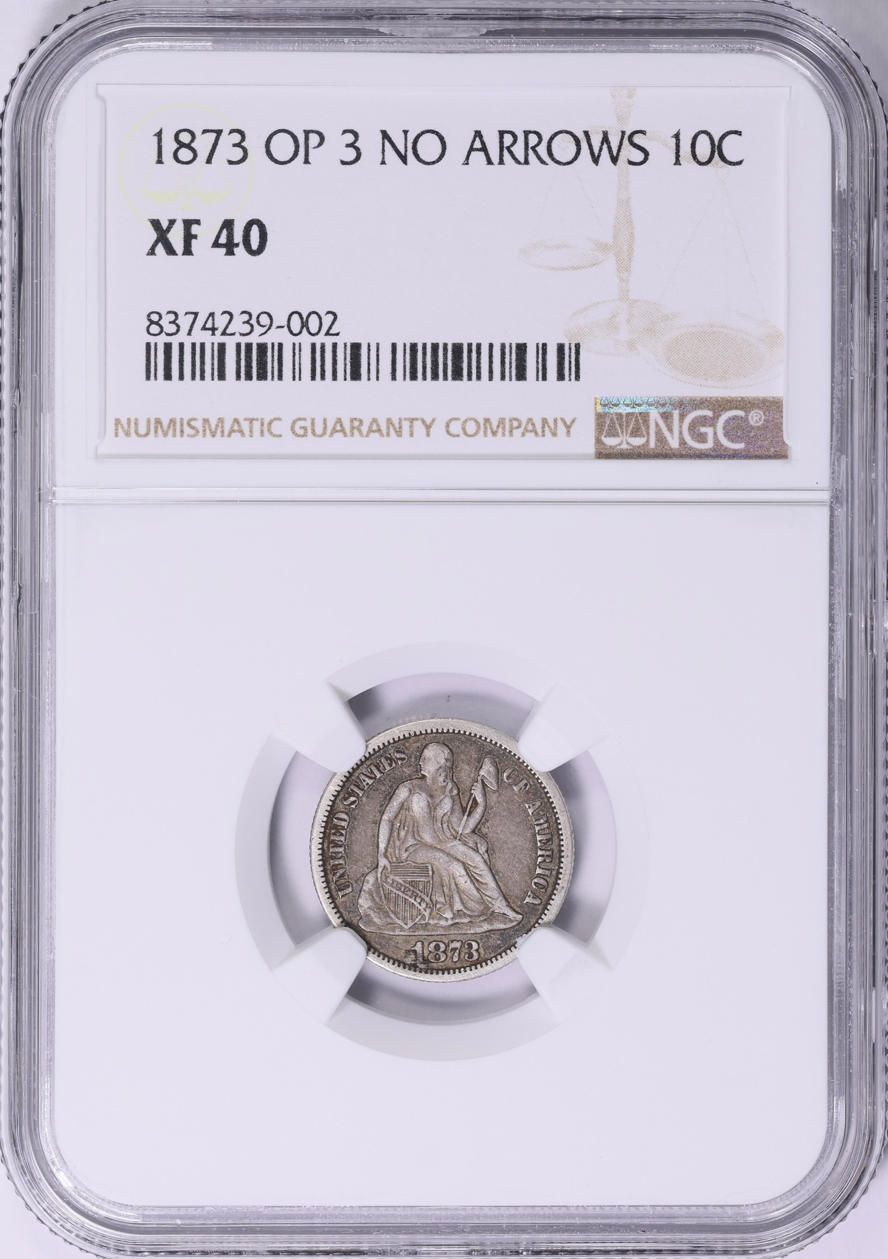 1873 Seated Liberty Dime No Arrows. Open 3 NGC XF-40 (Item