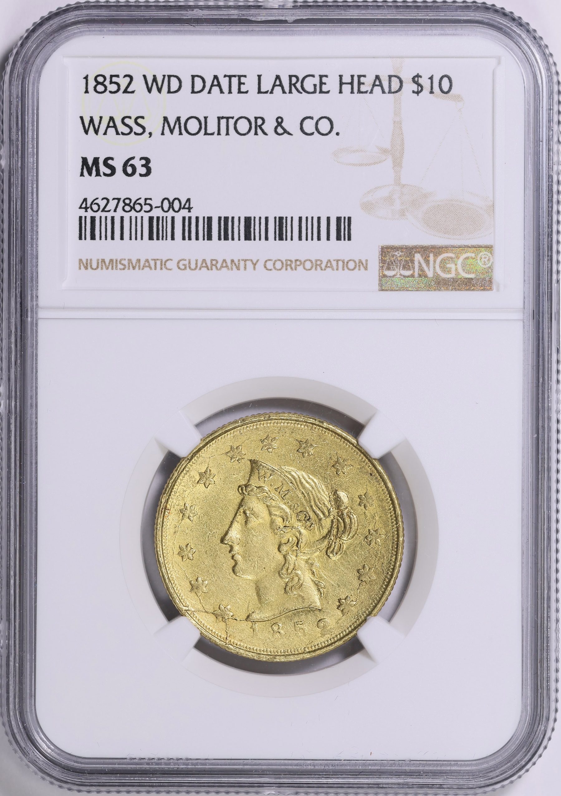 1852 California Gold $10 Wass, Molitor & Company Wide Date Large