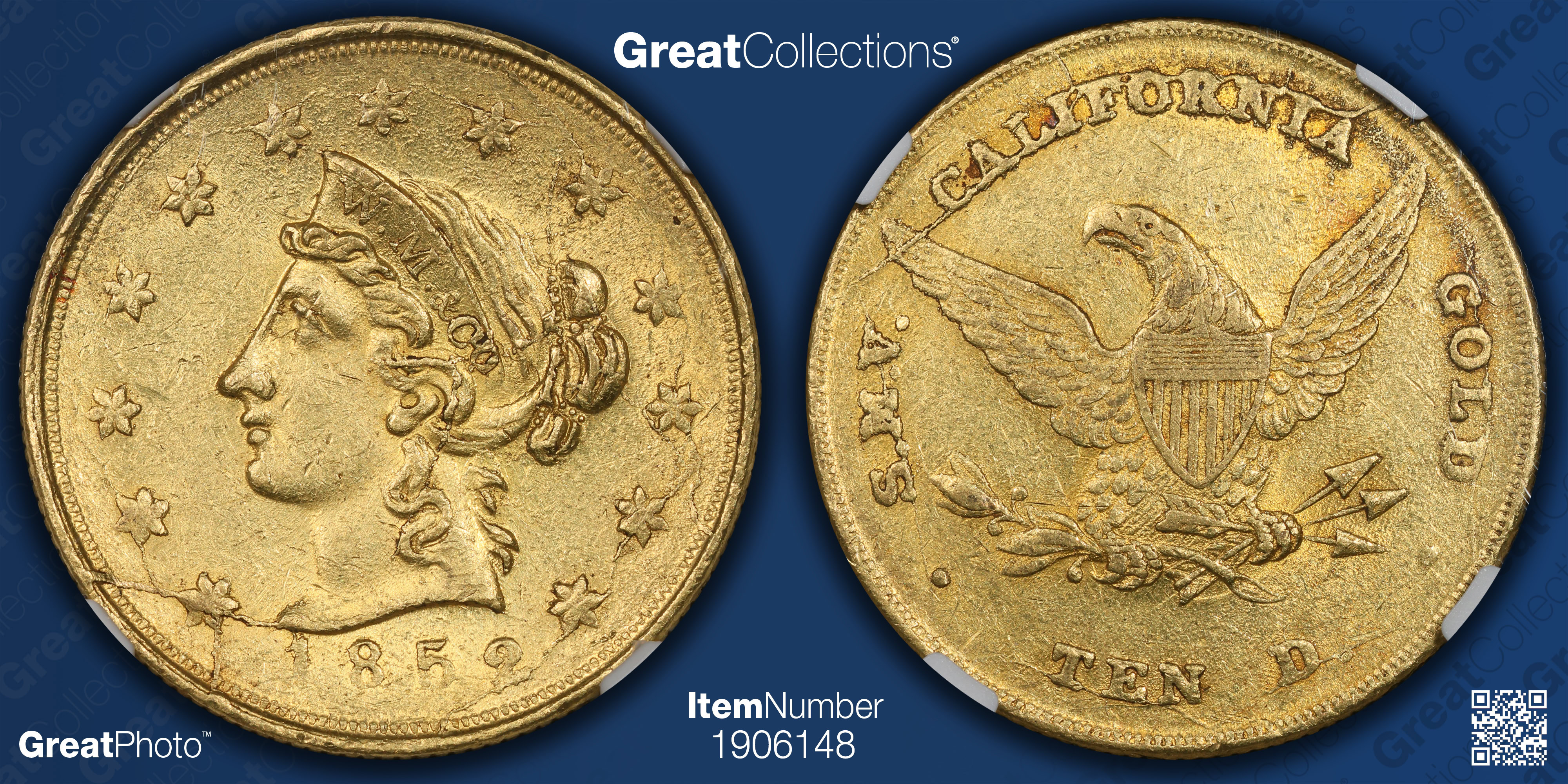 1852 California Gold $10 Wass, Molitor & Company Wide Date Large