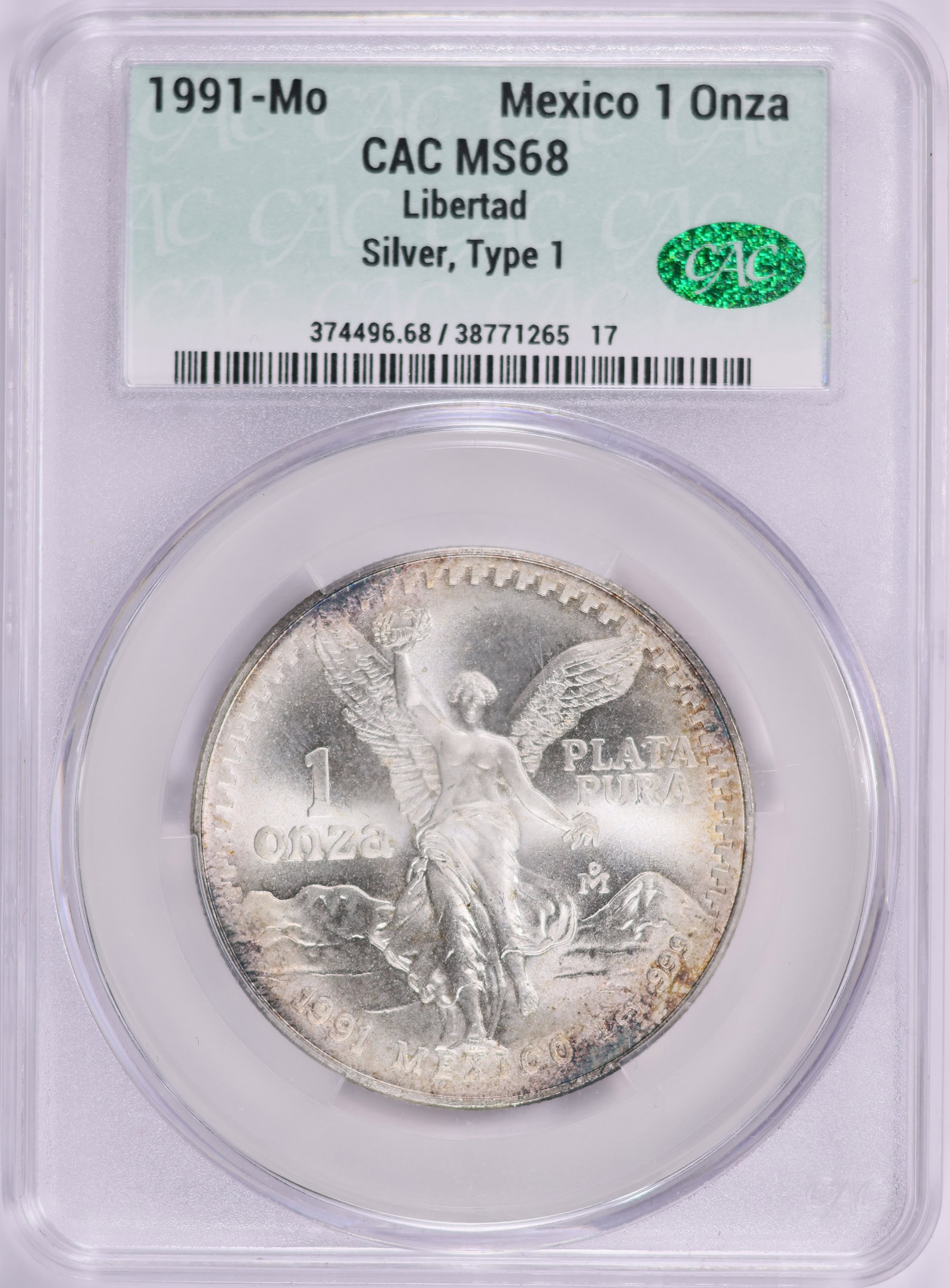 Mexico 1991-Mo Silver Onza Libertad Type 1 KM-494.2 CACG MS-68