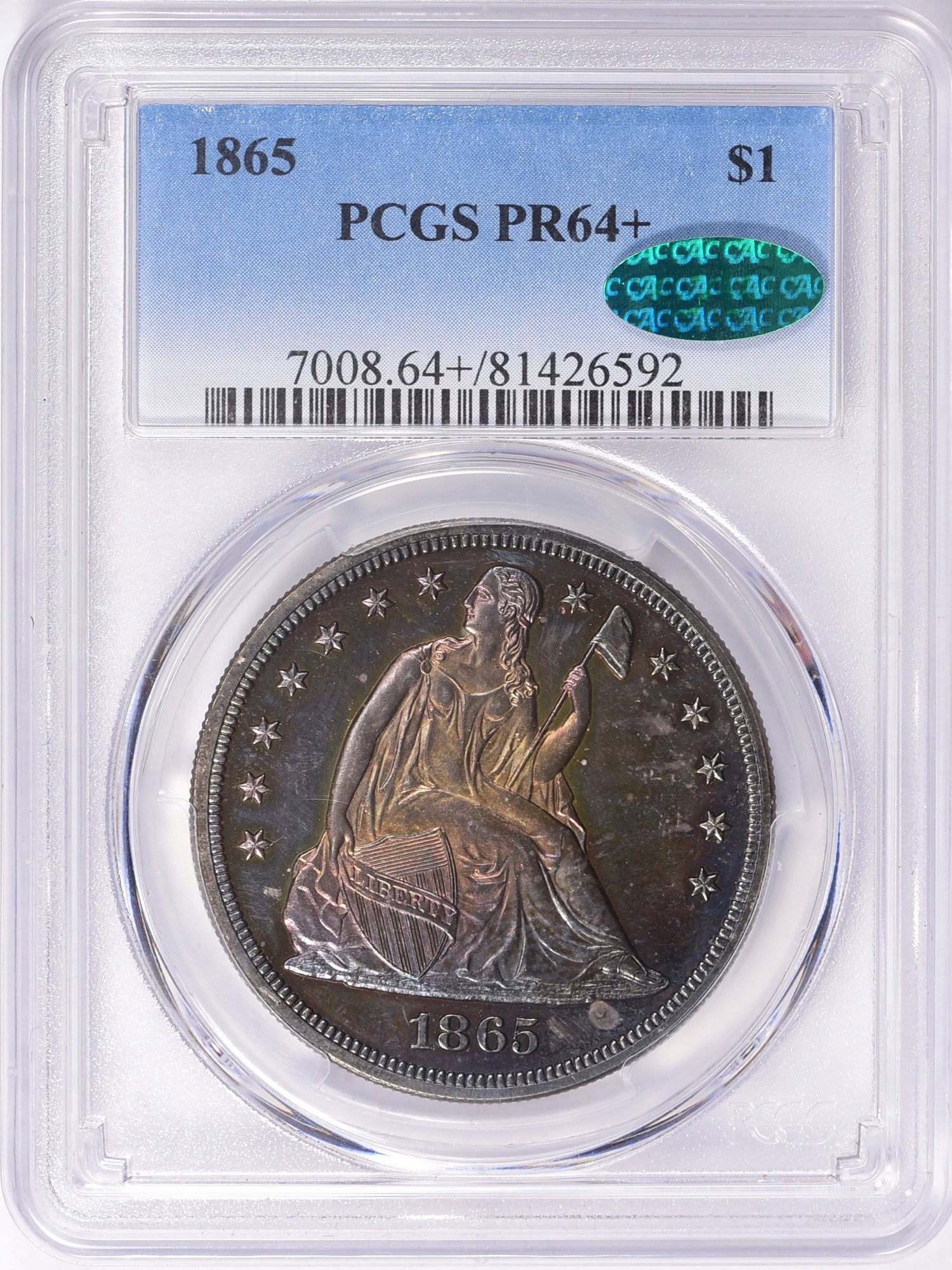 1865 Seated Liberty Silver Dollar PCGS Proof-64+ (CAC Green) (Toned ...