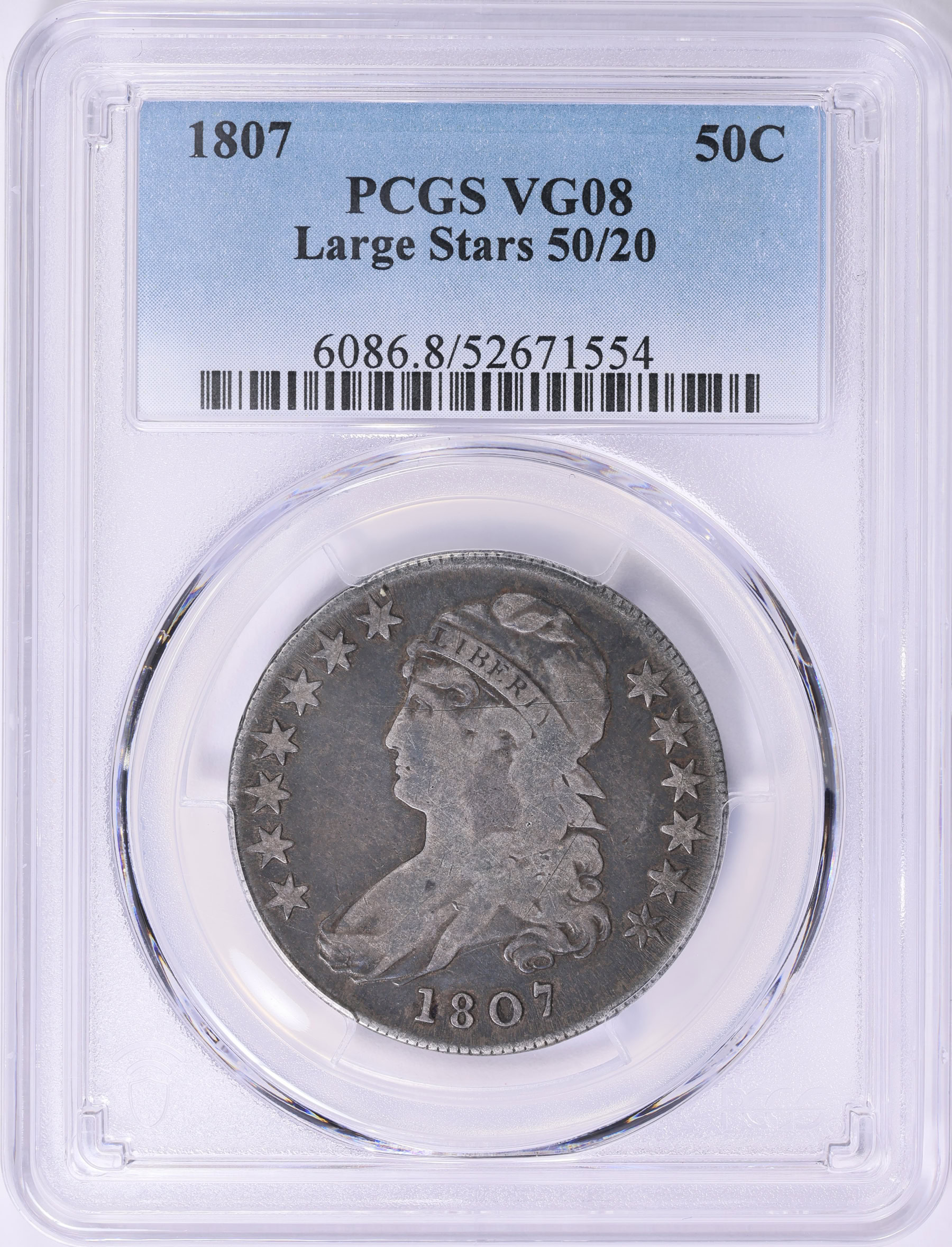 1807 Capped Bust Half Dollar Large Stars, 50/20 PCGS VG-08 (Item