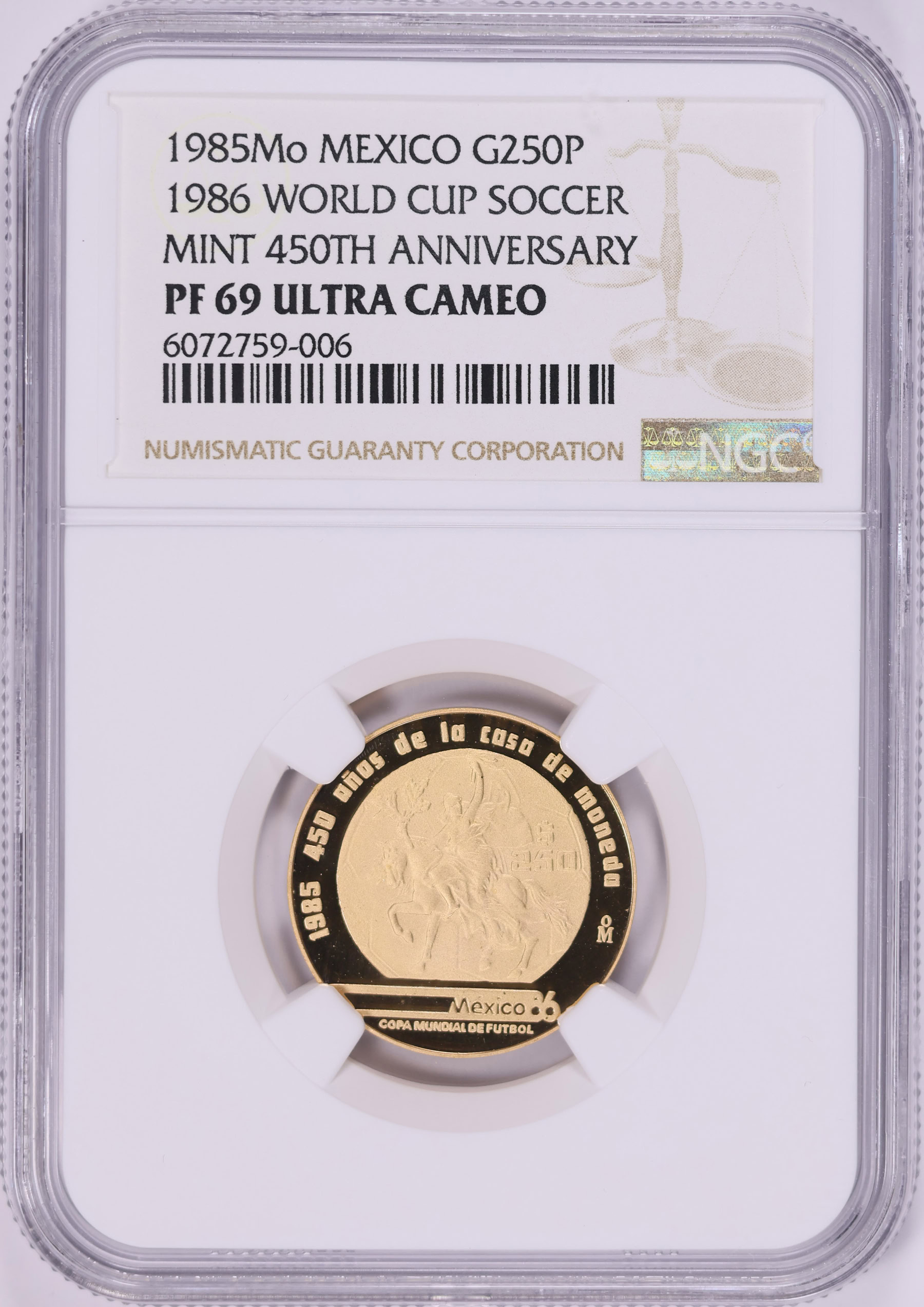 Mexico 1985-Mo Gold 250 Pesos World Cup Soccer / Mint 450th