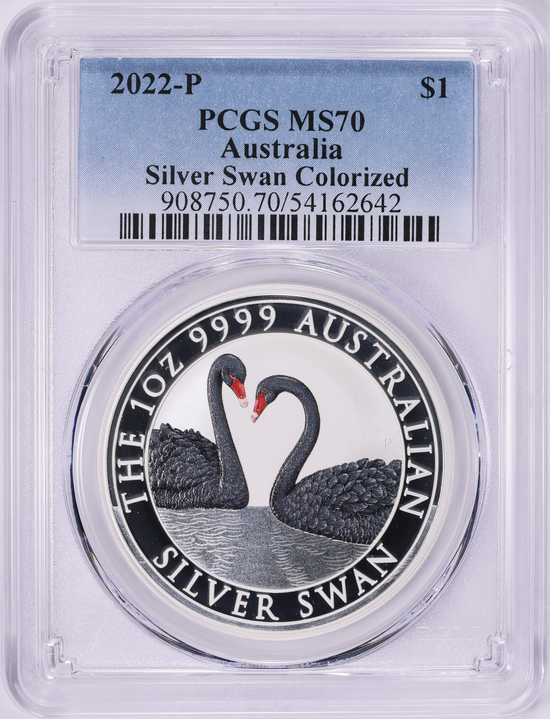 Australia 2022-P Colorized Silver Dollar Swan KM-4347 PCGS MS-70