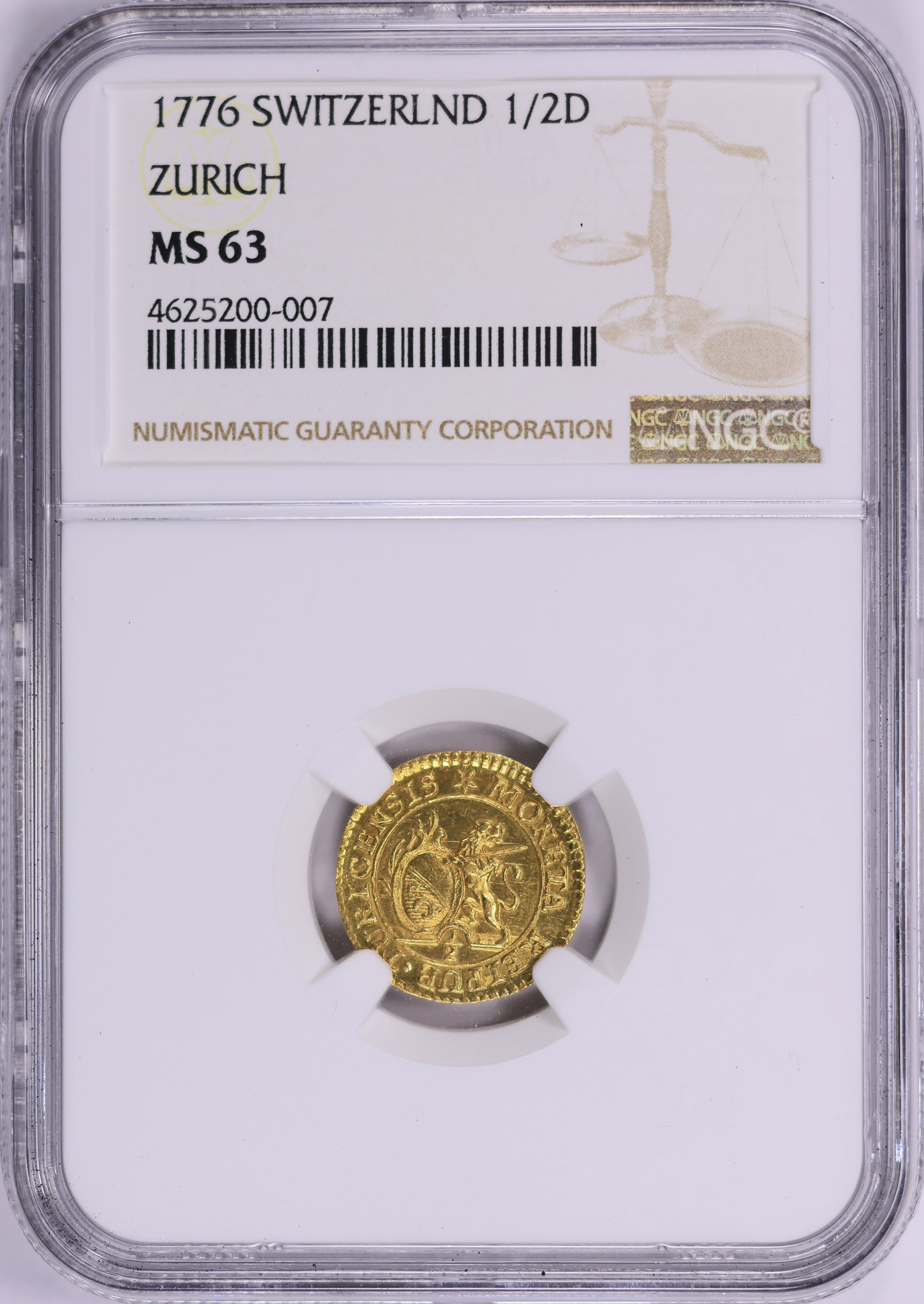 Switzerland - Zurich 1776 Gold 1/2 Ducat KM-164 NGC MS-63 (AGW