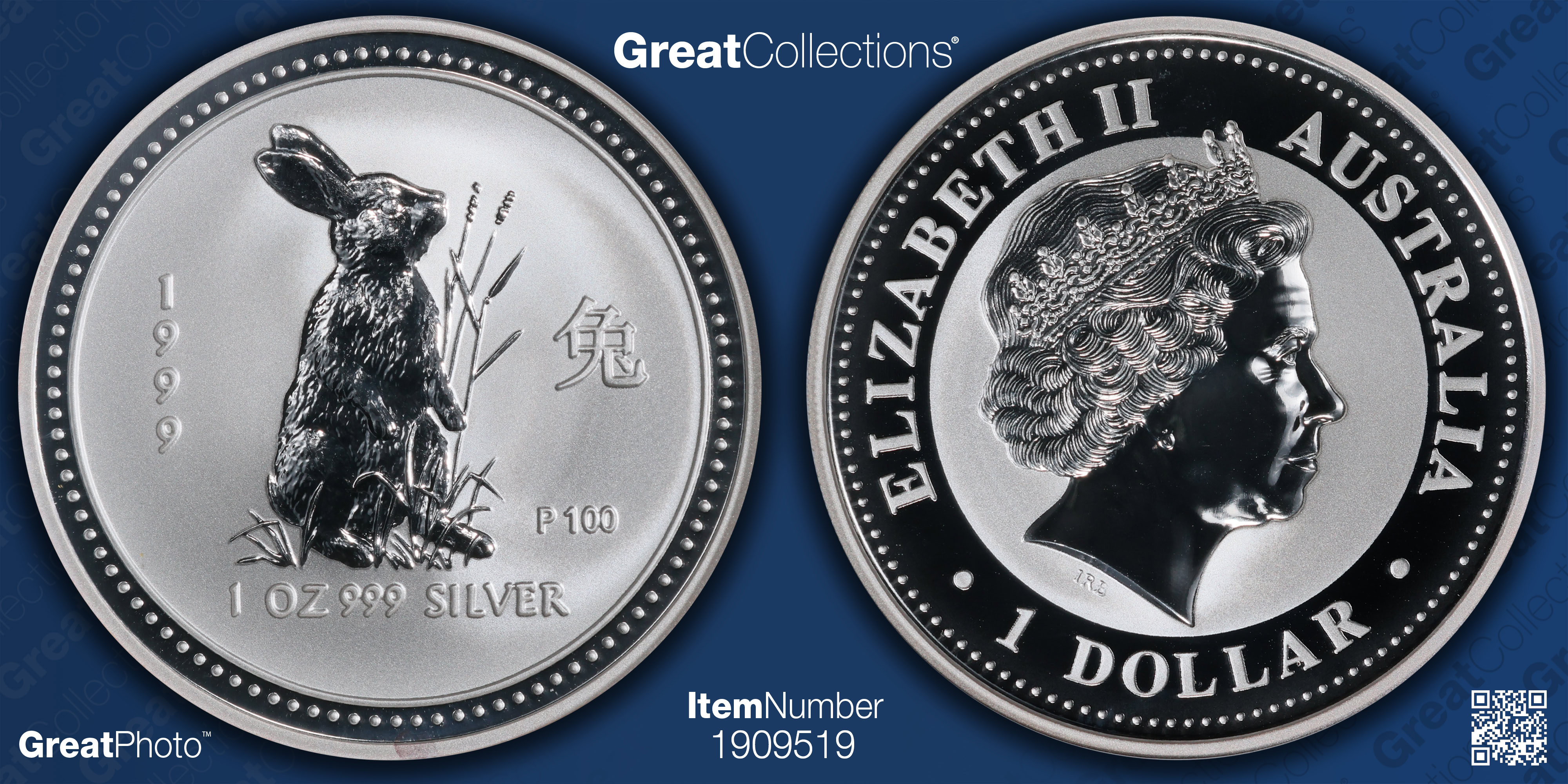 Australia 1999-P100 Silver Dollar Lunar Series, Year of the Rabbit