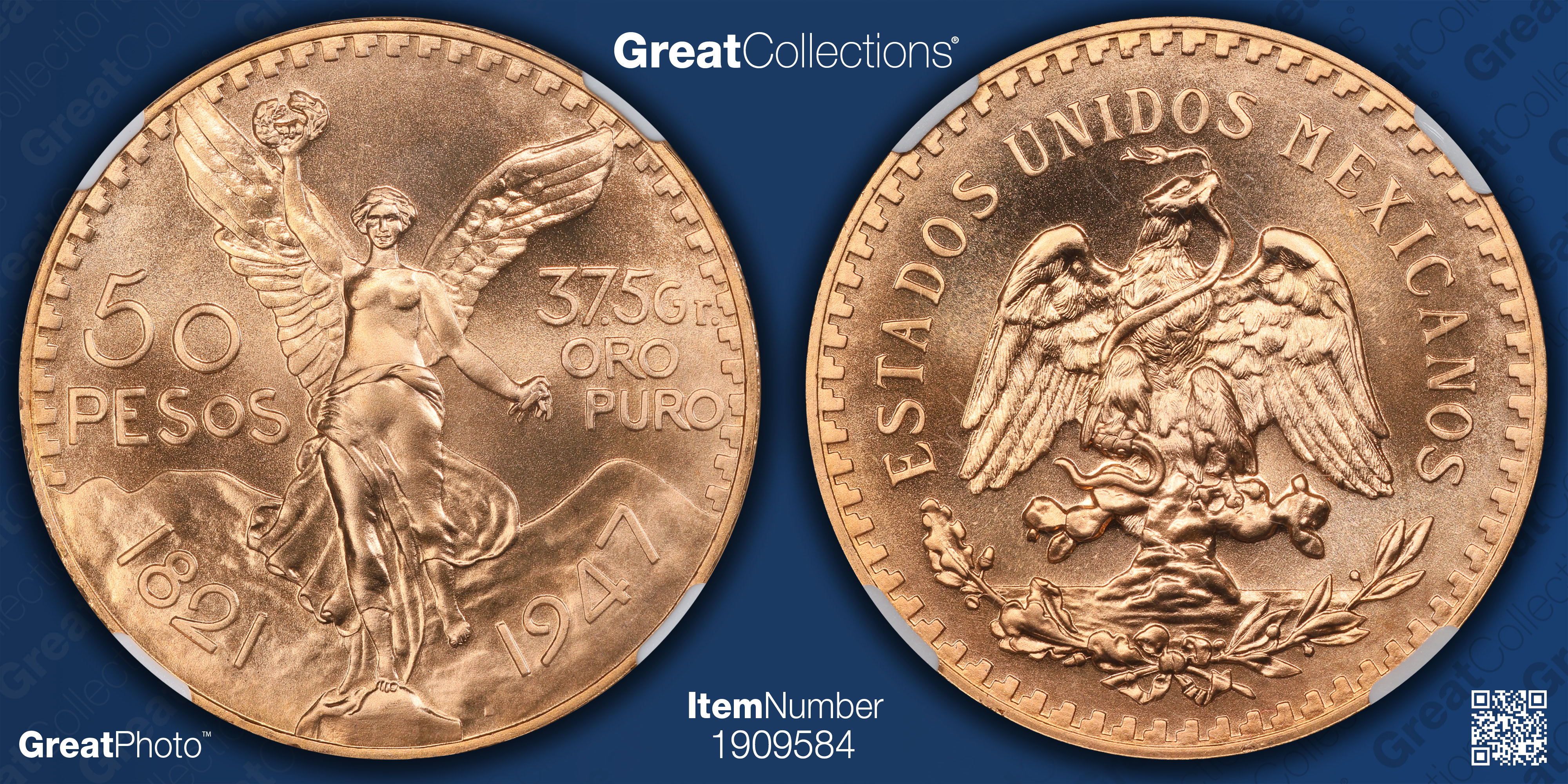 Mexico 1947 Gold 50 Pesos New Die Restrike KM-481 NGC MS-70 (AGW