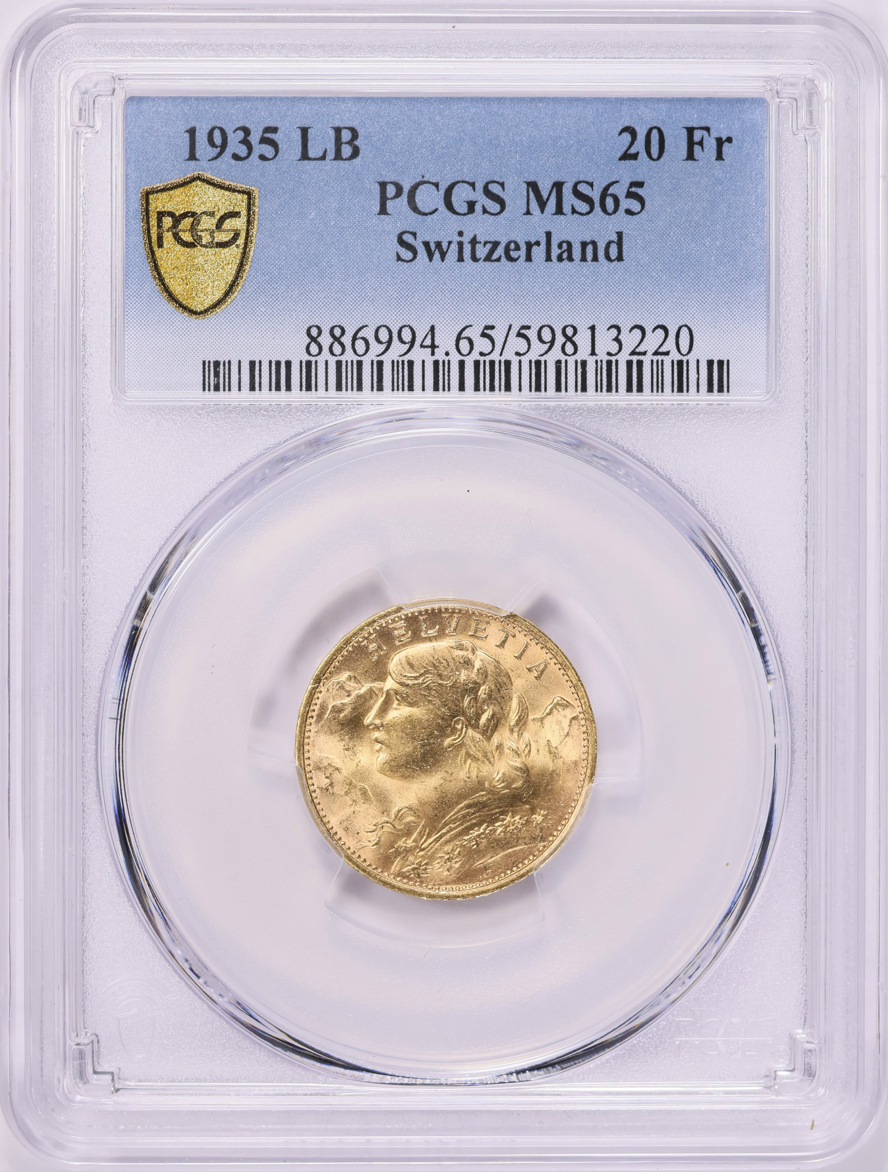 Switzerland 1935-LB Gold 20 Francs KM-35.1 PCGS MS-65 (AGW