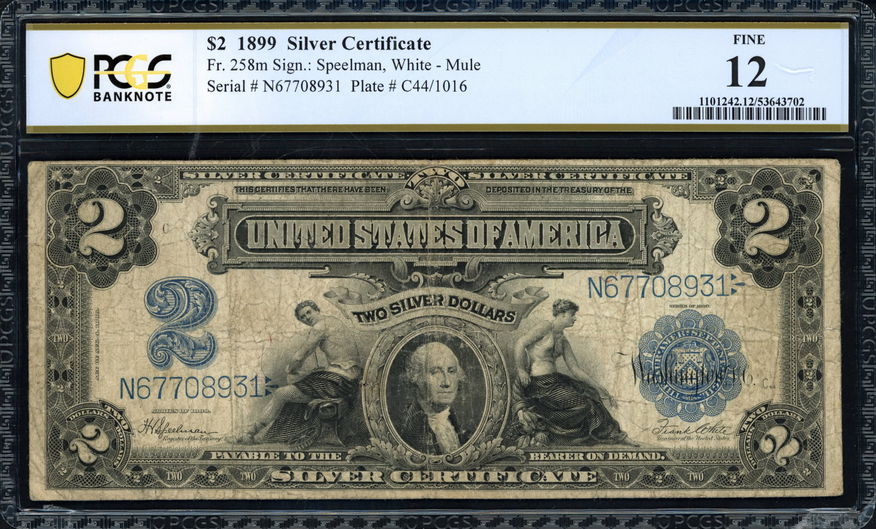 Mule Note Example Fr. 258m 1899 $2 Silver Certificate Mule Note Speelman / White PCGS ...