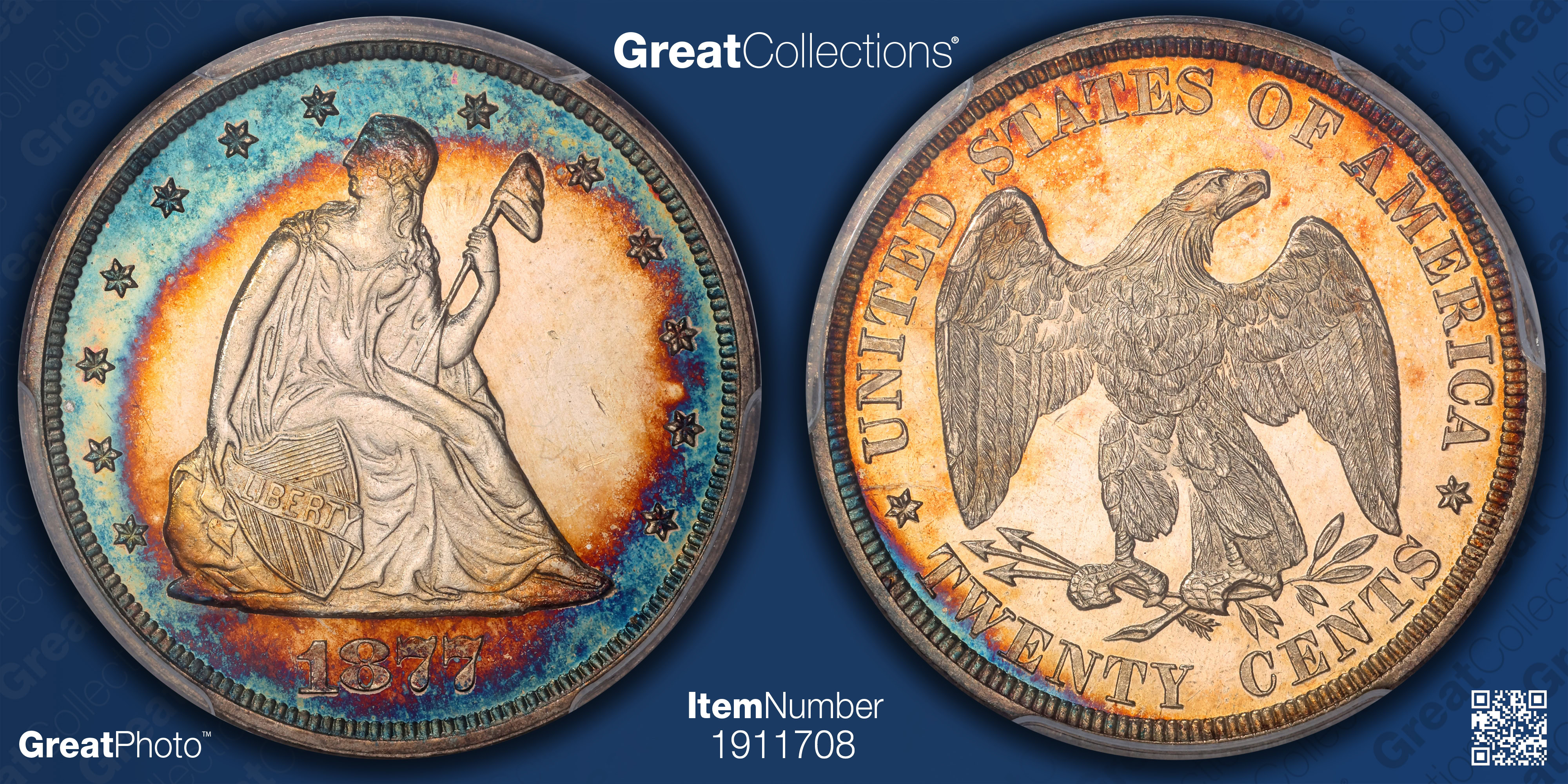 1877 Twenty-Cent Piece PCGS Proof-64 CAMEO (CAC Green) (Toned