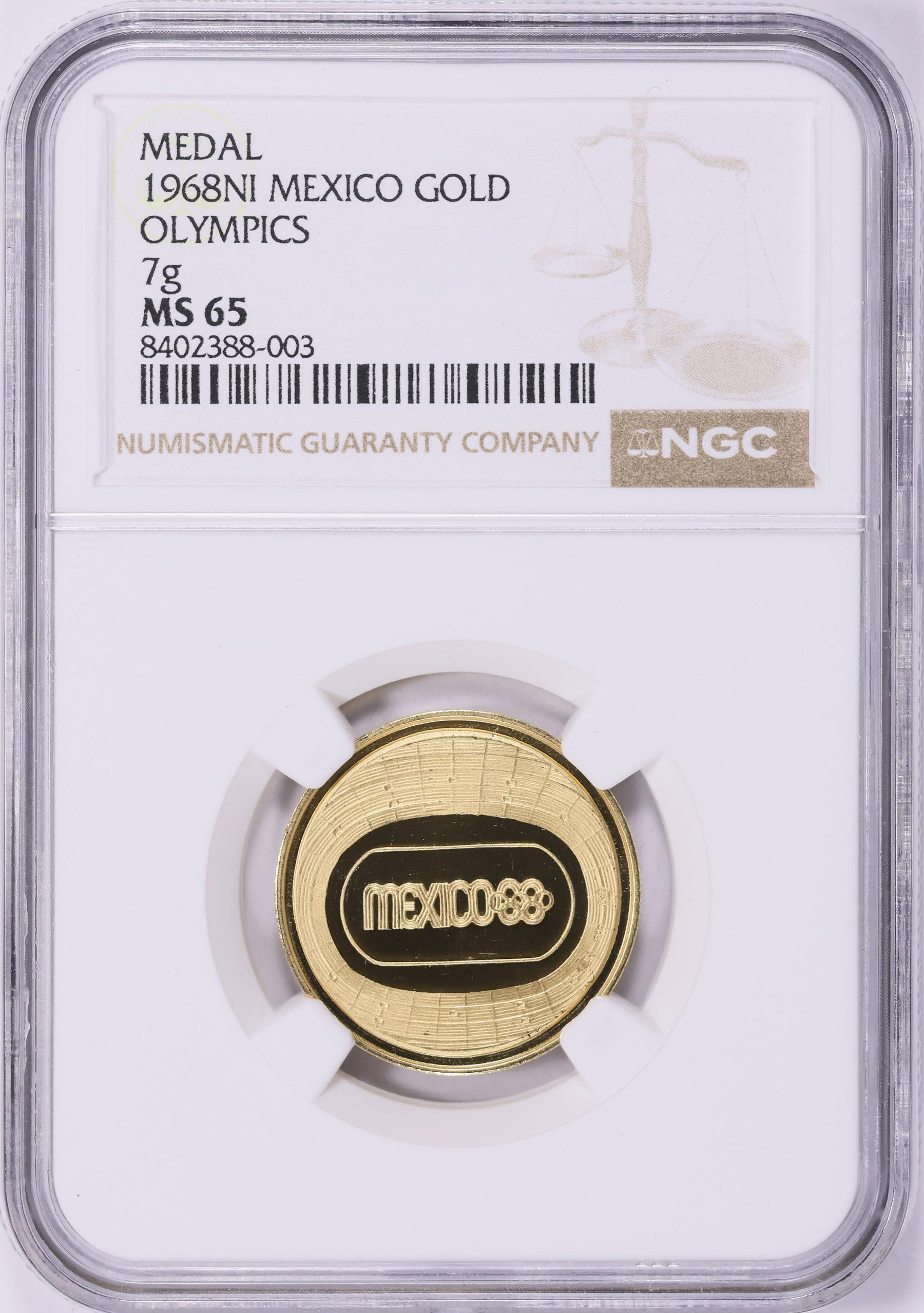 Mexico 1968-NI Gold 7gms Olympics Stadium Medal NGC MS-65 (AGW