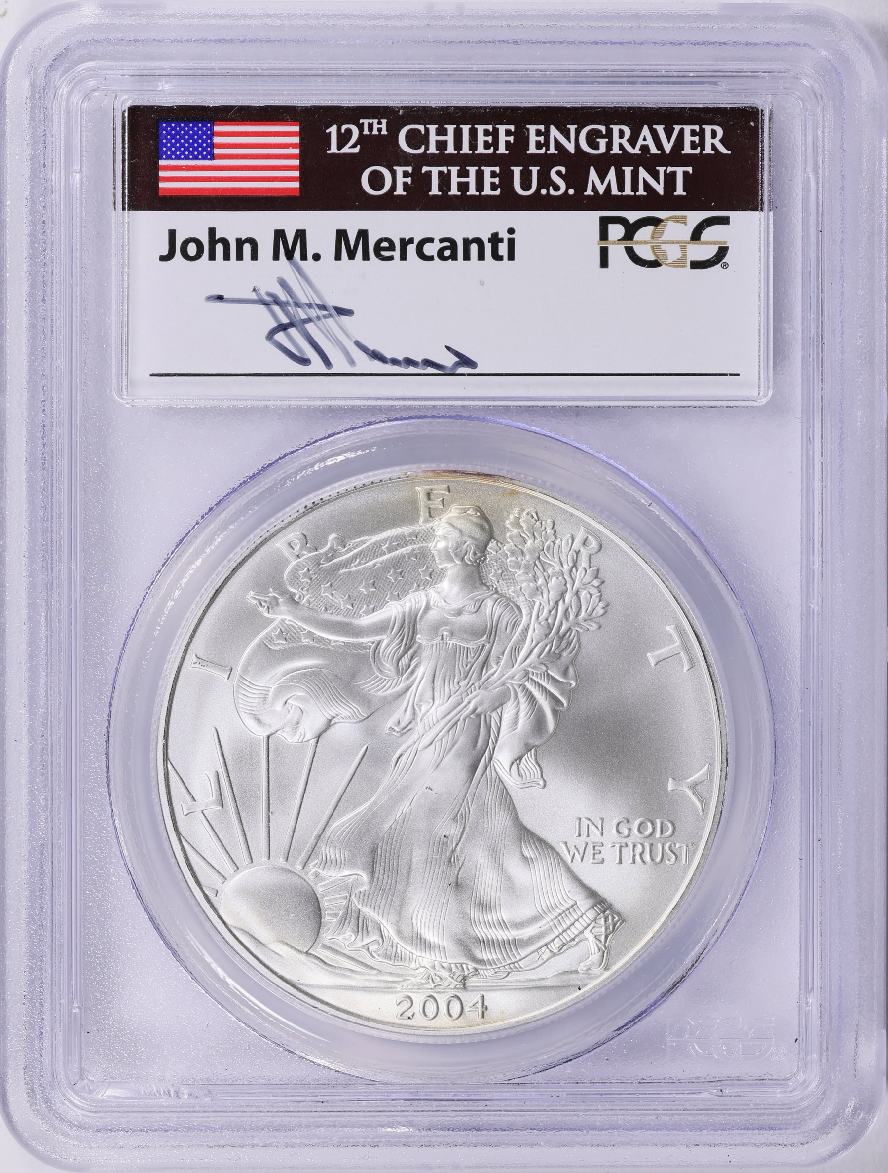 2004 $1 Silver Eagle First Strike PCGS MS-70 (Toned) (Mercanti