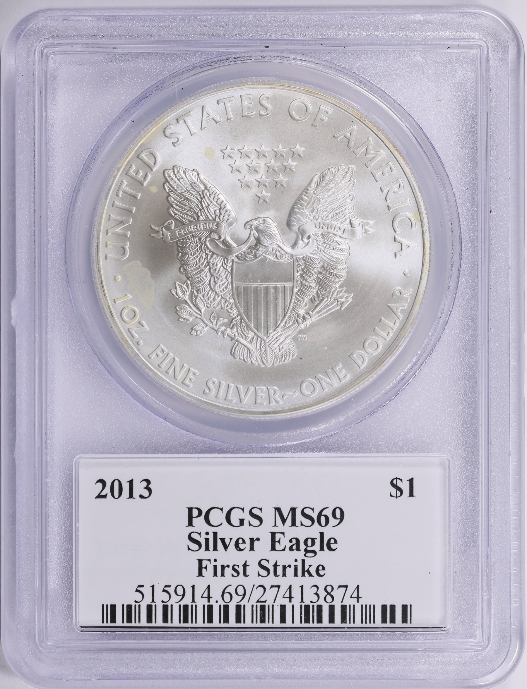 2013 $1 Silver Eagle First Strike PCGS MS-69 (Mercanti Signed Flag