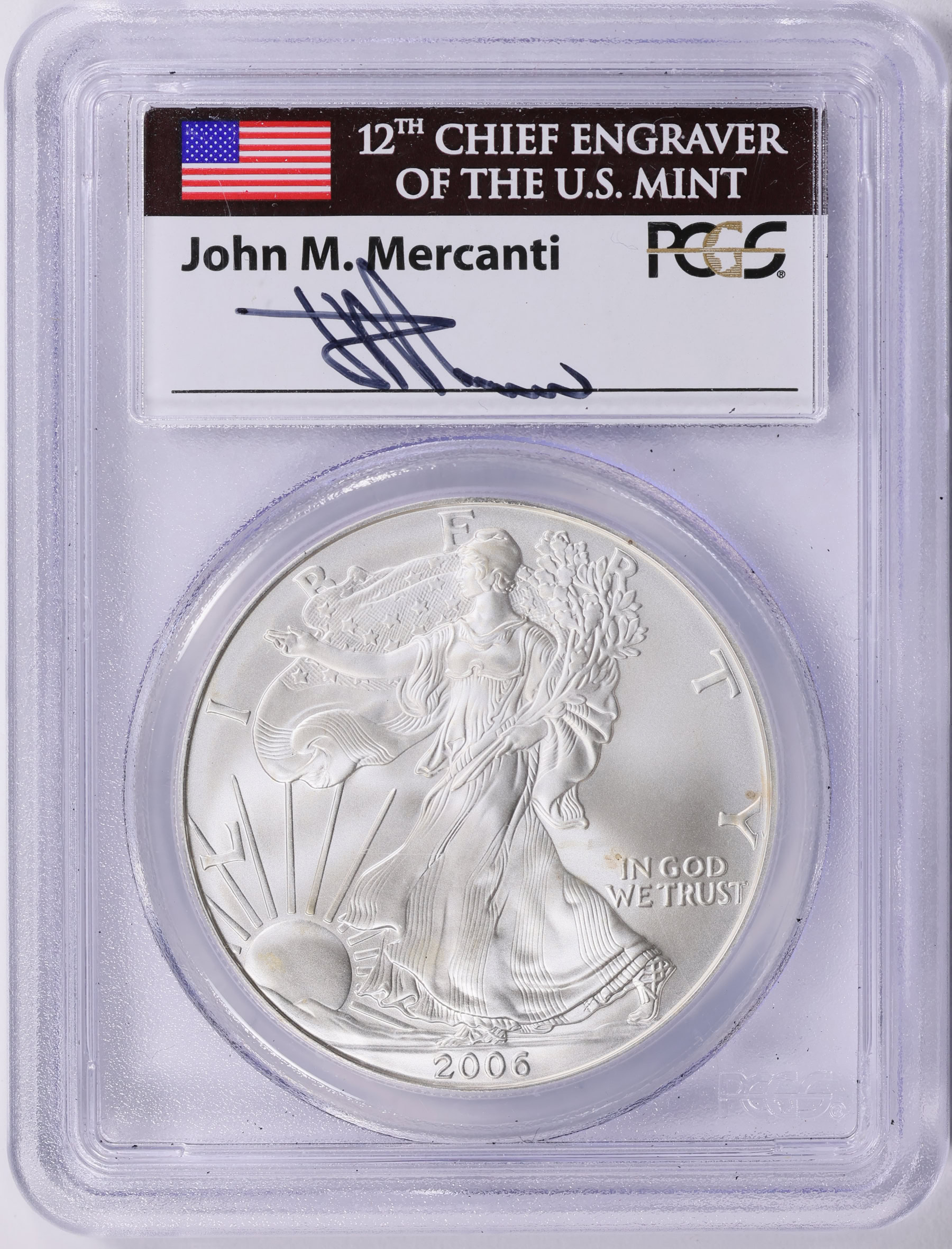 2006-W $1 Silver Eagle PCGS MS-70 (Mercanti Signed Flag Label
